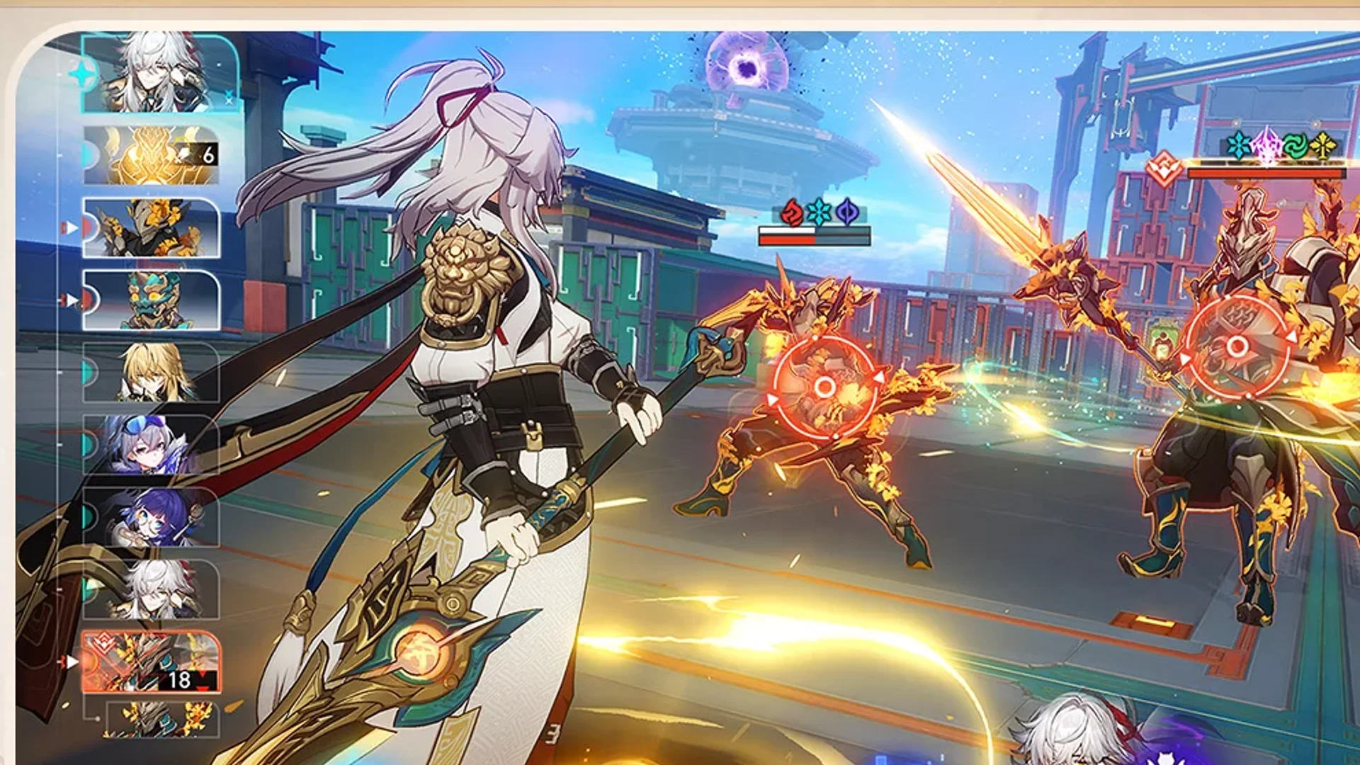 Honkai: Star Rail — in-game screenshot: turn-based battle on Xianzhou plaza with action order bar, weakness icons, and Jing Yuan striking armored enemies