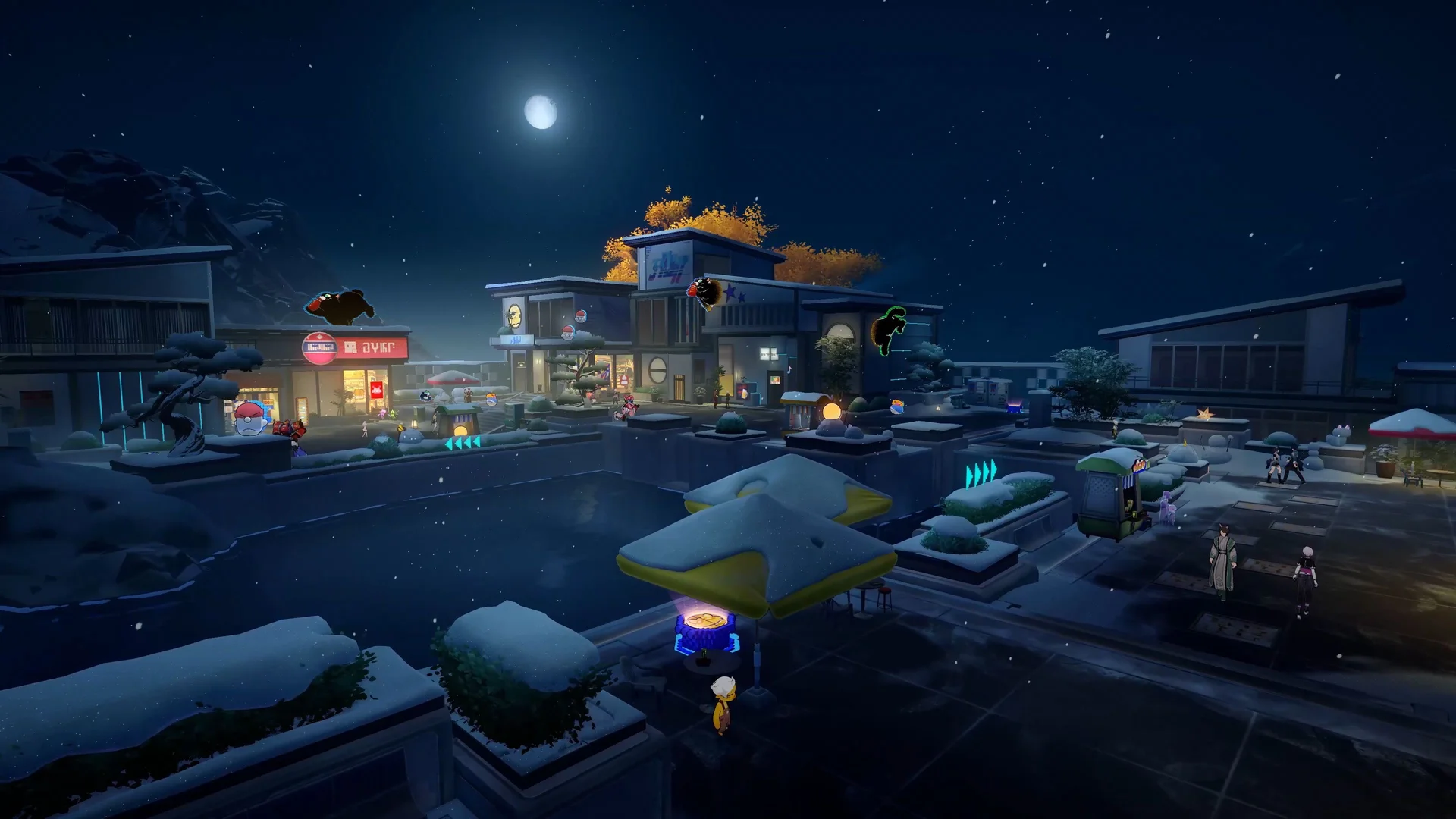 Honkai: Star Rail — in-game screenshot: snow-covered Belobog plaza at night with warm shop lights and distant skyline
