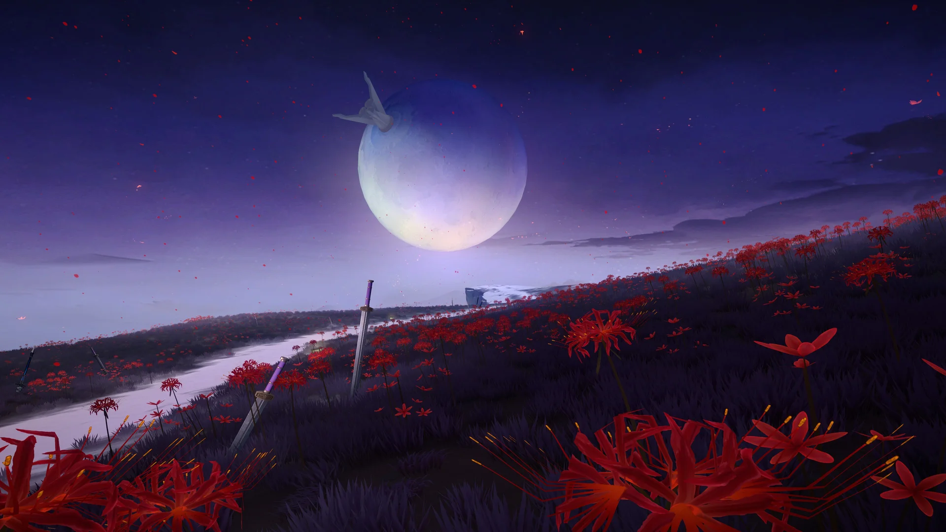 Honkai: Star Rail — in-game screenshot: Penacony dreamscape with red spider lilies, misty river, and pale moon with reaching hand silhouette