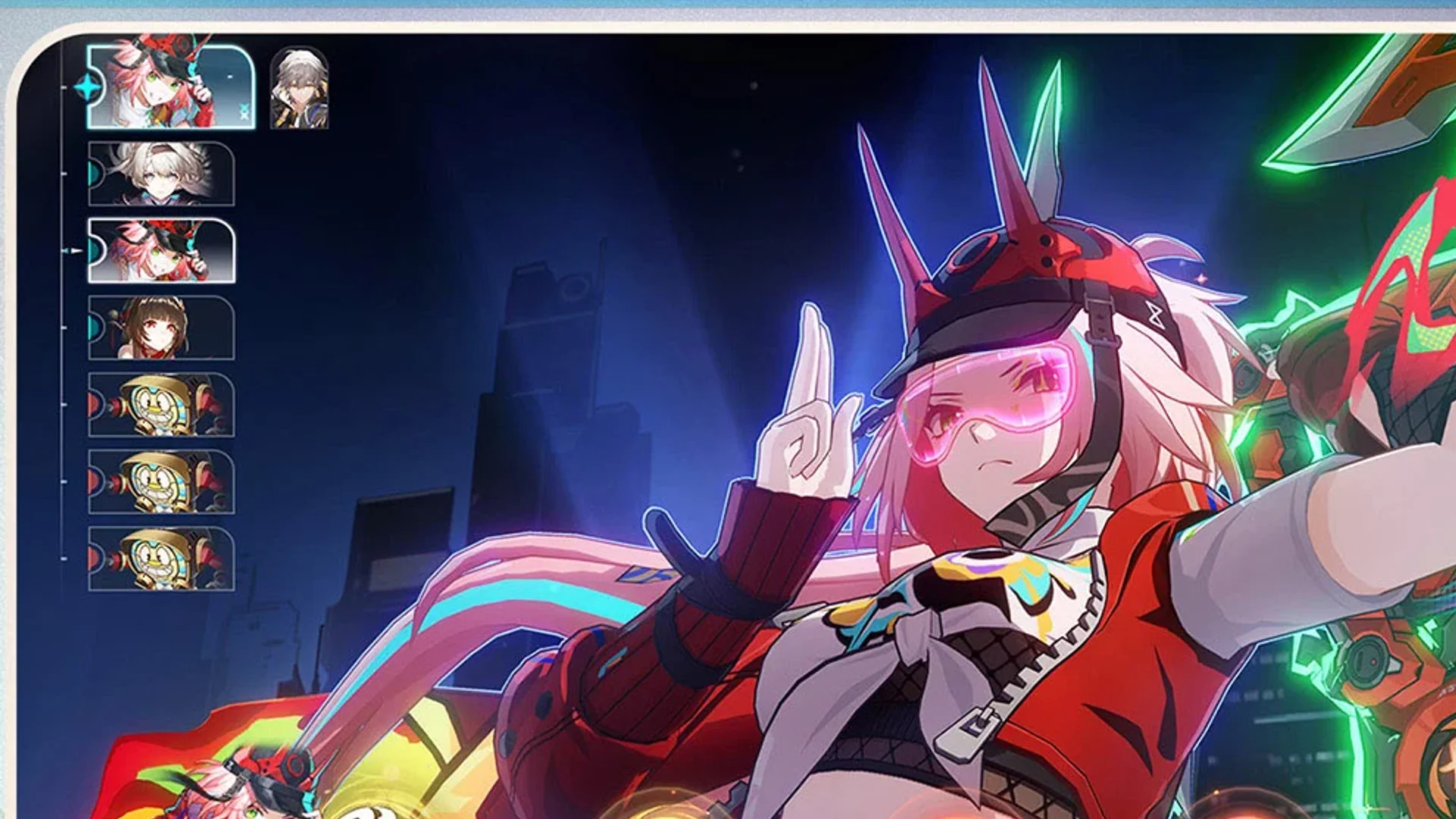 Honkai: Star Rail — in-game screenshot: four-character battle with turn order UI, ultimate ready icons, and elemental slashes in a neon city arena