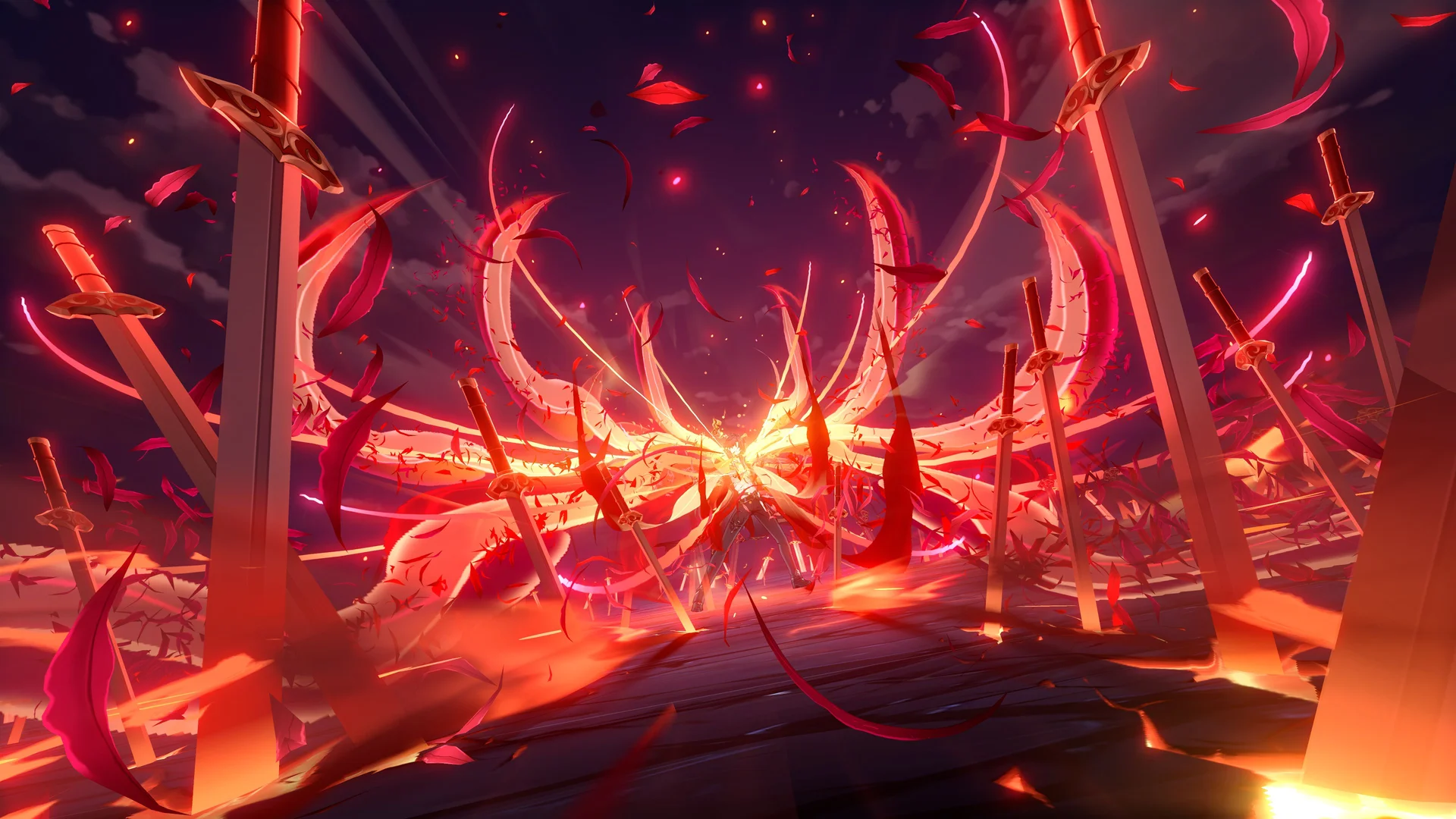 Honkai: Star Rail — in-game screenshot: Acheron ultimate with red energy wings and swords planted in a dark battlefield