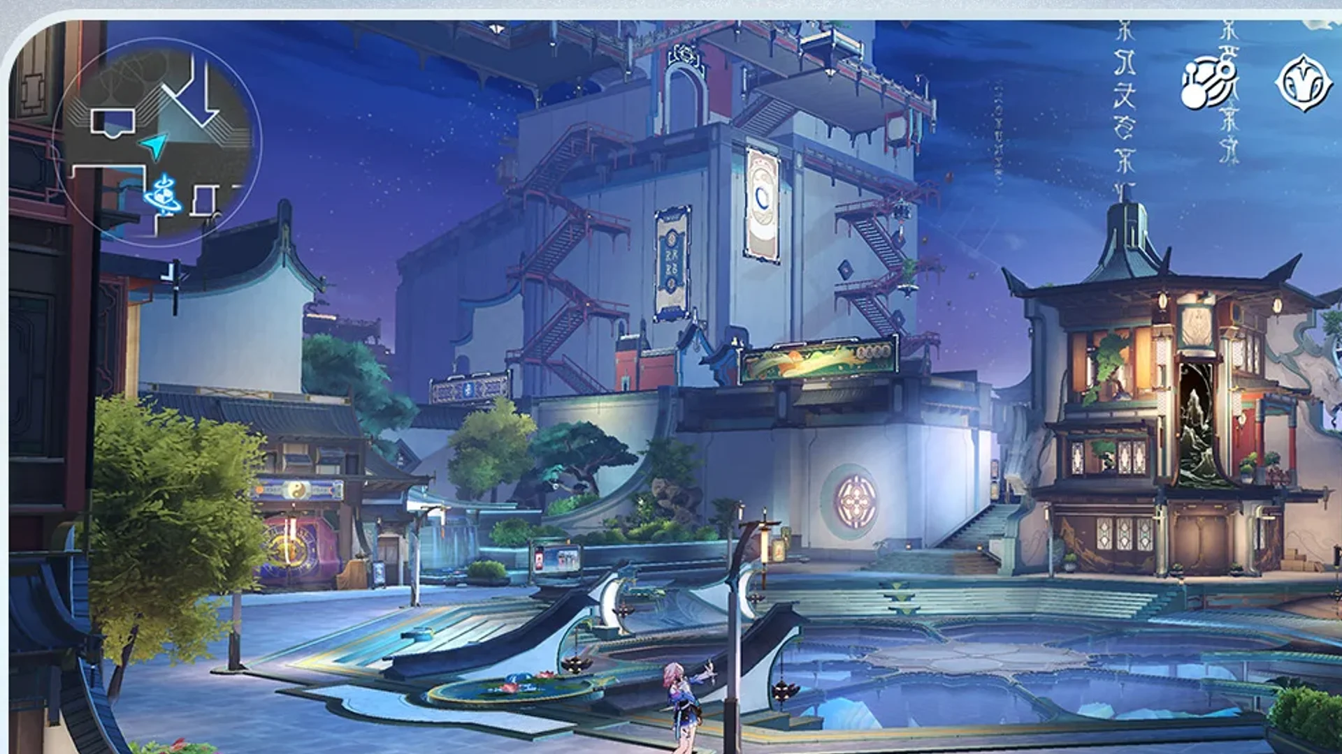 Honkai: Star Rail — in-game screenshot: Xianzhou Luofu plaza with traditional rooftops, moonlit sky tree, and minimap HUD