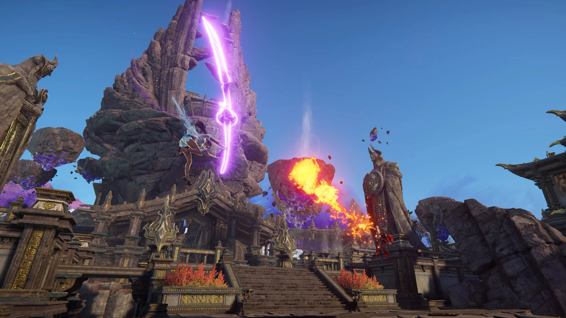 Naraka: Bladepoint — in-game screenshot: aerial combat above a temple complex with a hero firing a glowing purple energy bow while another streams fire across the courtyard