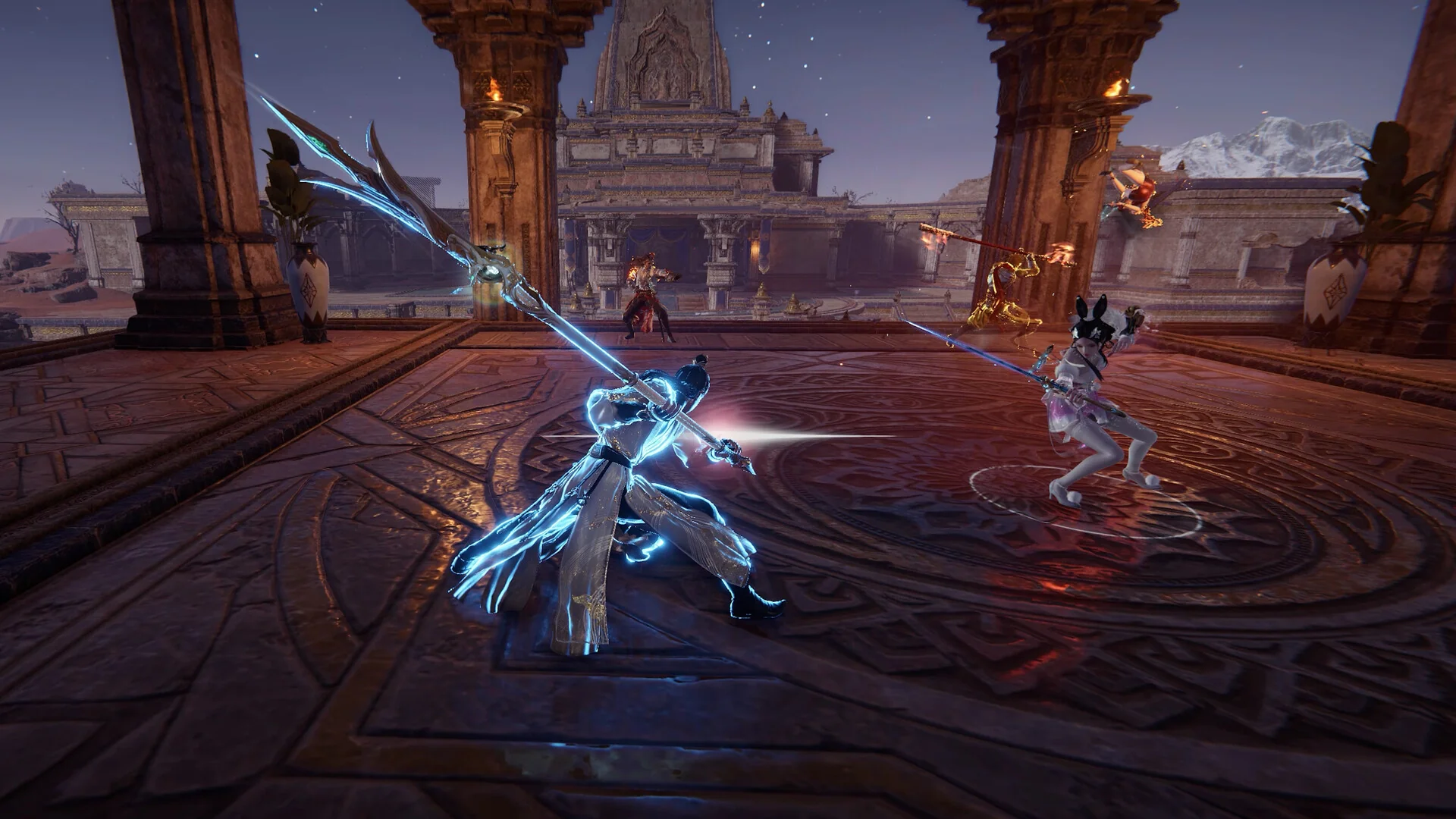 Naraka: Bladepoint — in-game screenshot: night-time team fight on a stone terrace with multiple heroes unleashing blue lightning and golden ultimate effects