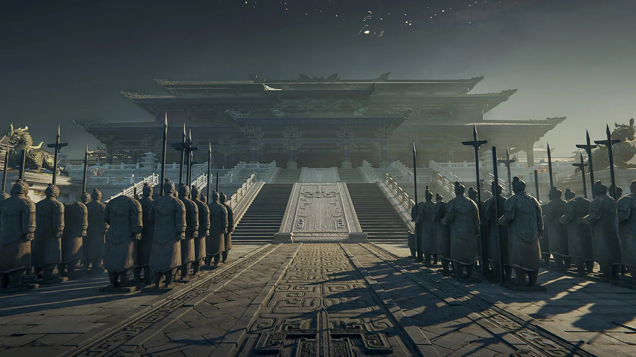 Naraka: Bladepoint — in-game environment screenshot: vast stone courtyard lined with terracotta-style soldier statues leading to a towering temple gate