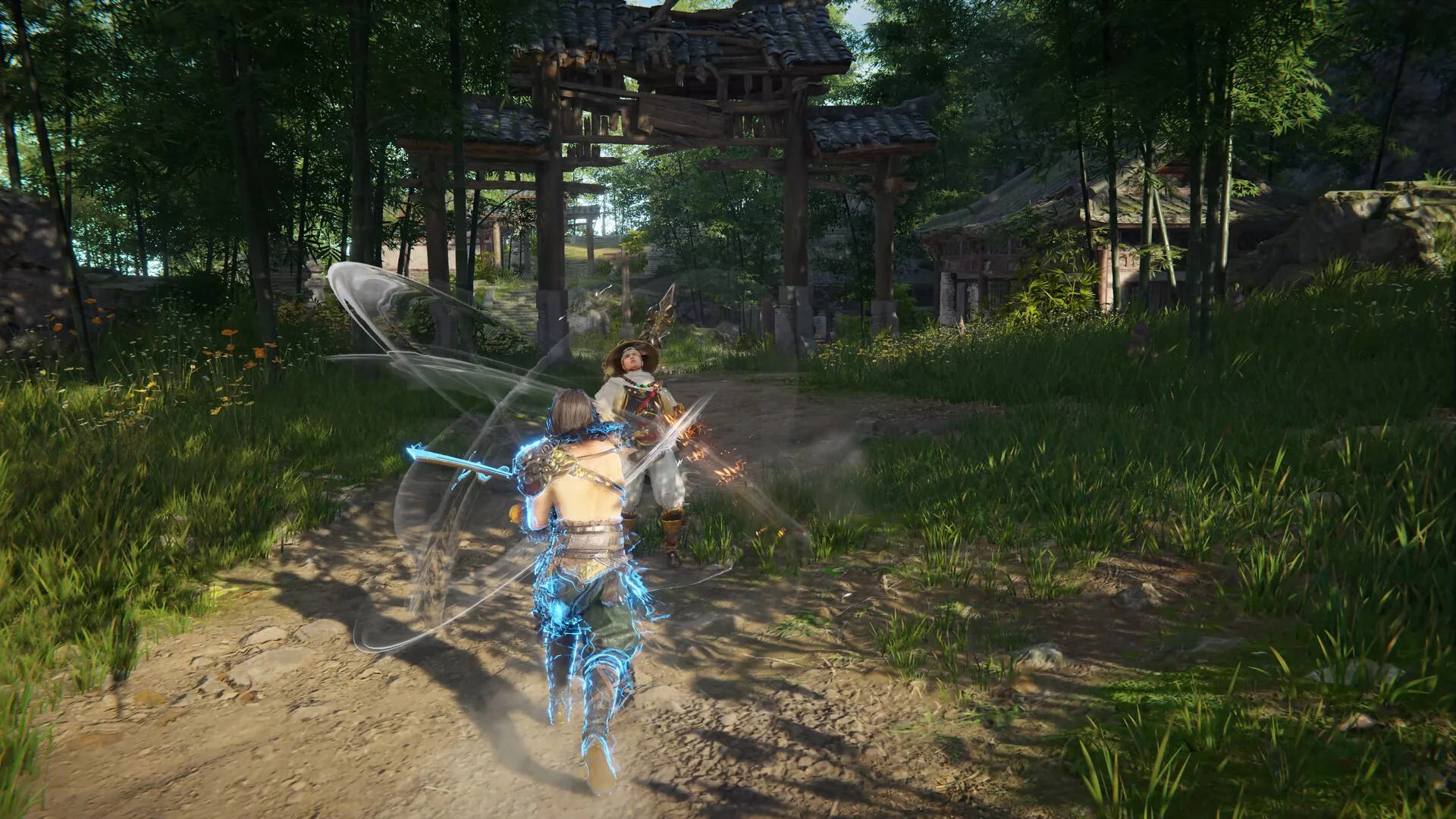 Naraka: Bladepoint — in-game combat screenshot: two warriors exchanging a blue-energy dash strike and polearm parry on a bamboo forest path