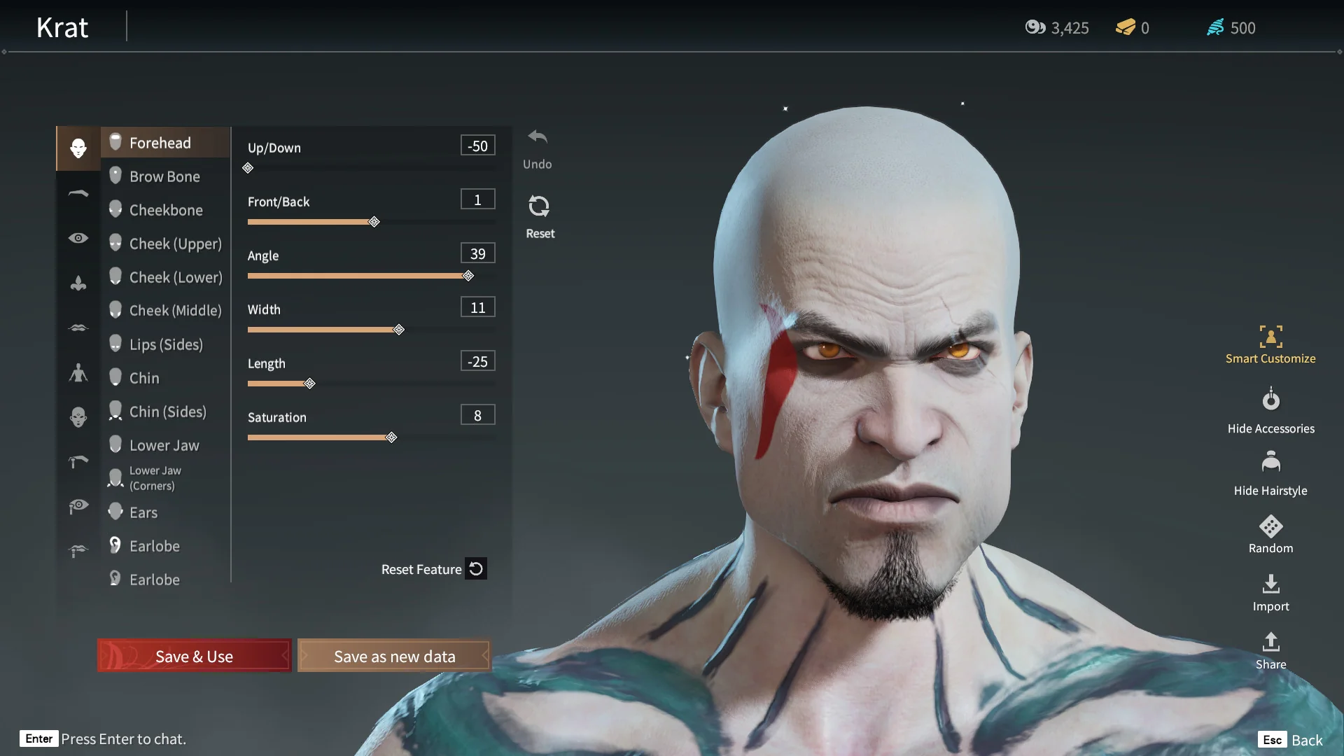 Naraka: Bladepoint — in-game screenshot: character customization screen with facial sliders and currency balances visible in the UI
