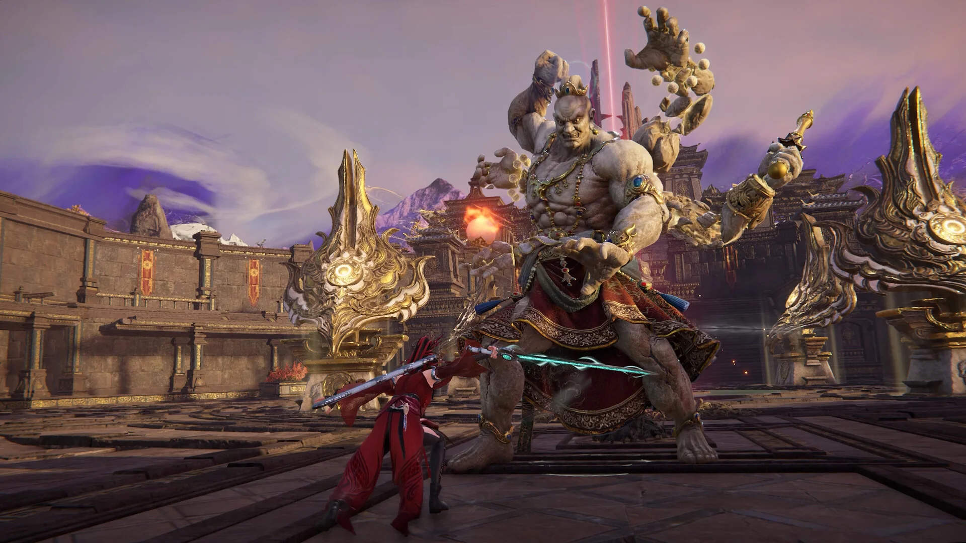Naraka: Bladepoint — in-game screenshot: player facing a towering four-armed golden boss on a circular arena platform at dusk