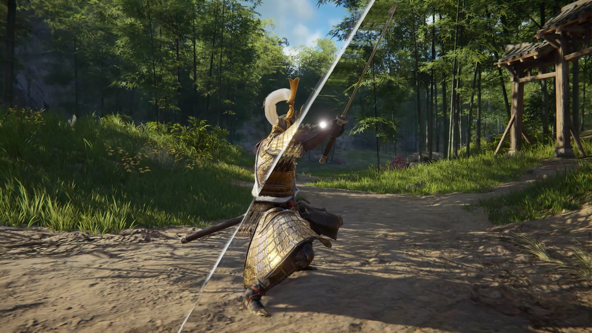 Naraka: Bladepoint — in-game screenshot: armored warrior performing a glowing Focus sword slash on a bamboo path near a wooden gate