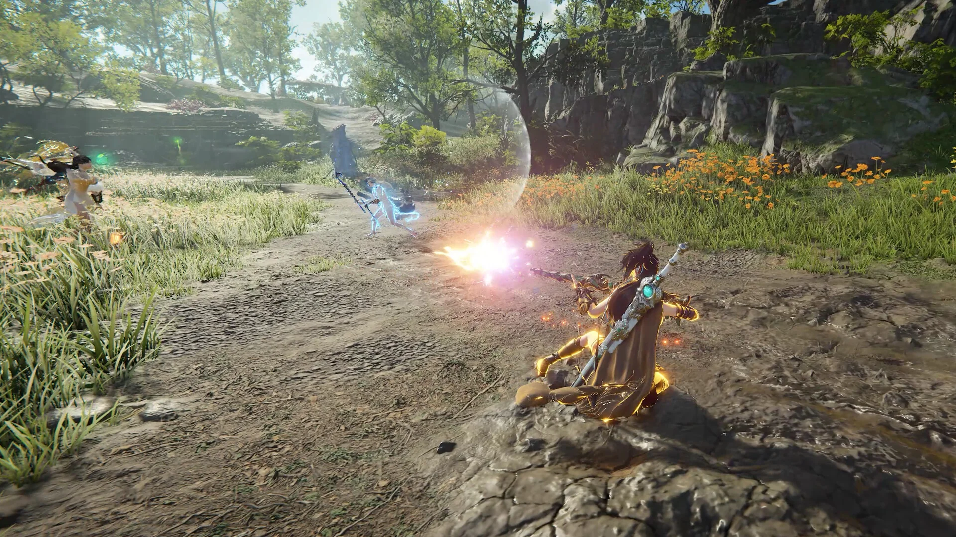 Naraka: Bladepoint — in-game screenshot: three-way valley fight with a musket shot striking a blue energy shield while a third player channels green support effects