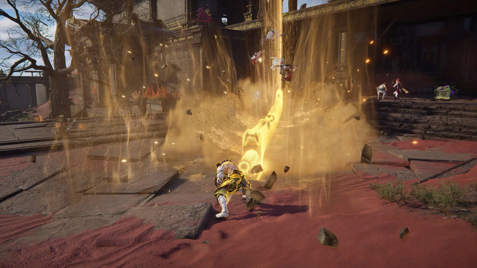 Naraka: Bladepoint — in-game screenshot: courtyard brawl with a golden area ultimate launching multiple players beside a loot stash chest