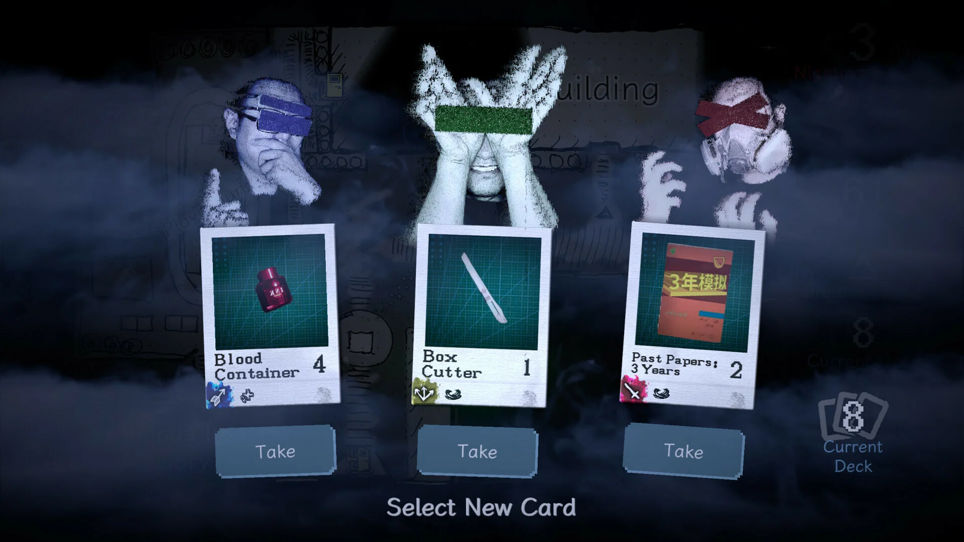 Out of Hands — in-game dialogue screenshot: Mystery, Logic, and Action voice options during a story branch