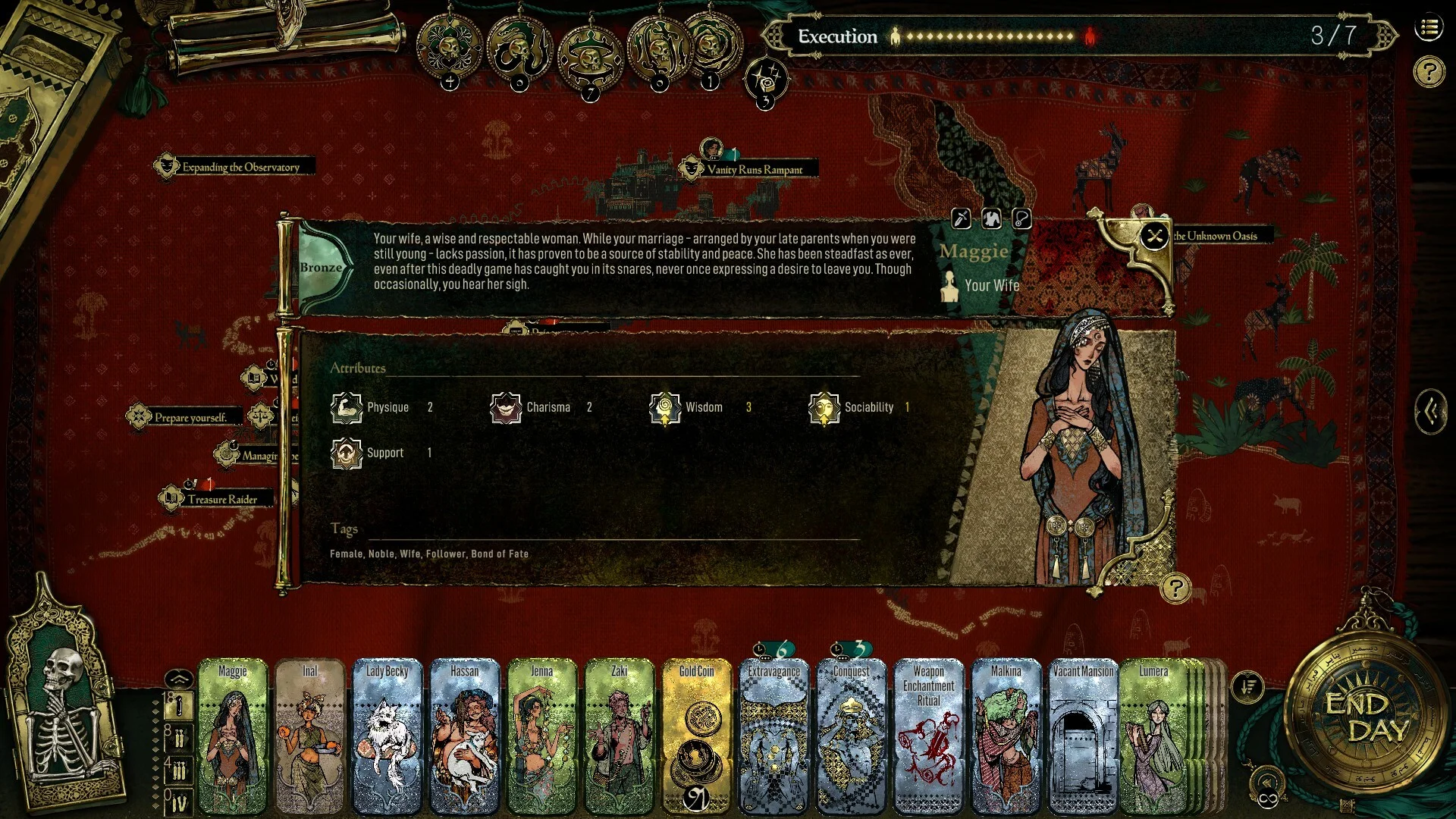 Sultan's Game — in-game screenshot: Maggie's follower sheet showing Physique, Charisma, Wisdom, Sociability, and Support stats beside Extravagance and Conquest cards
