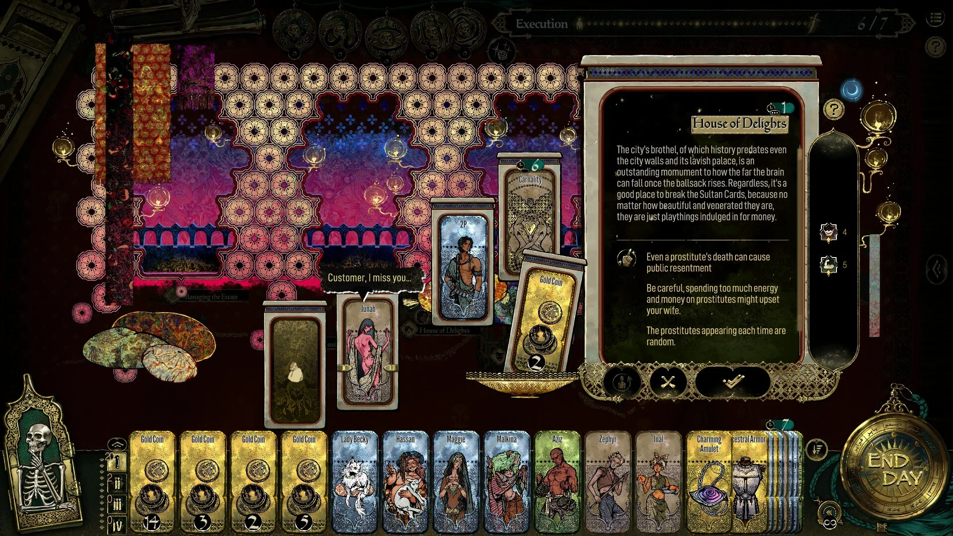 Sultan's Game — in-game screenshot: Carnality Sultan Card beside the House of Delights event panel with Execution 6/7 visible