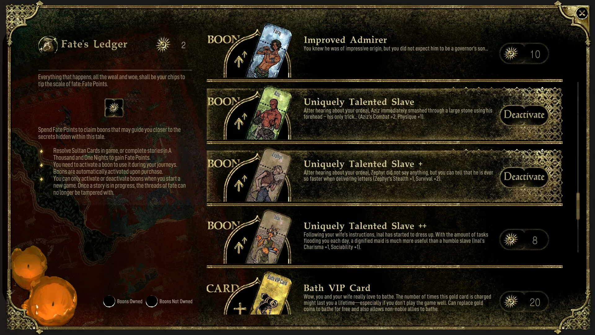 Sultan's Game — in-game screenshot: Fate's Ledger shop listing follower boons and Bath VIP Card upgrades purchasable with Fate Points