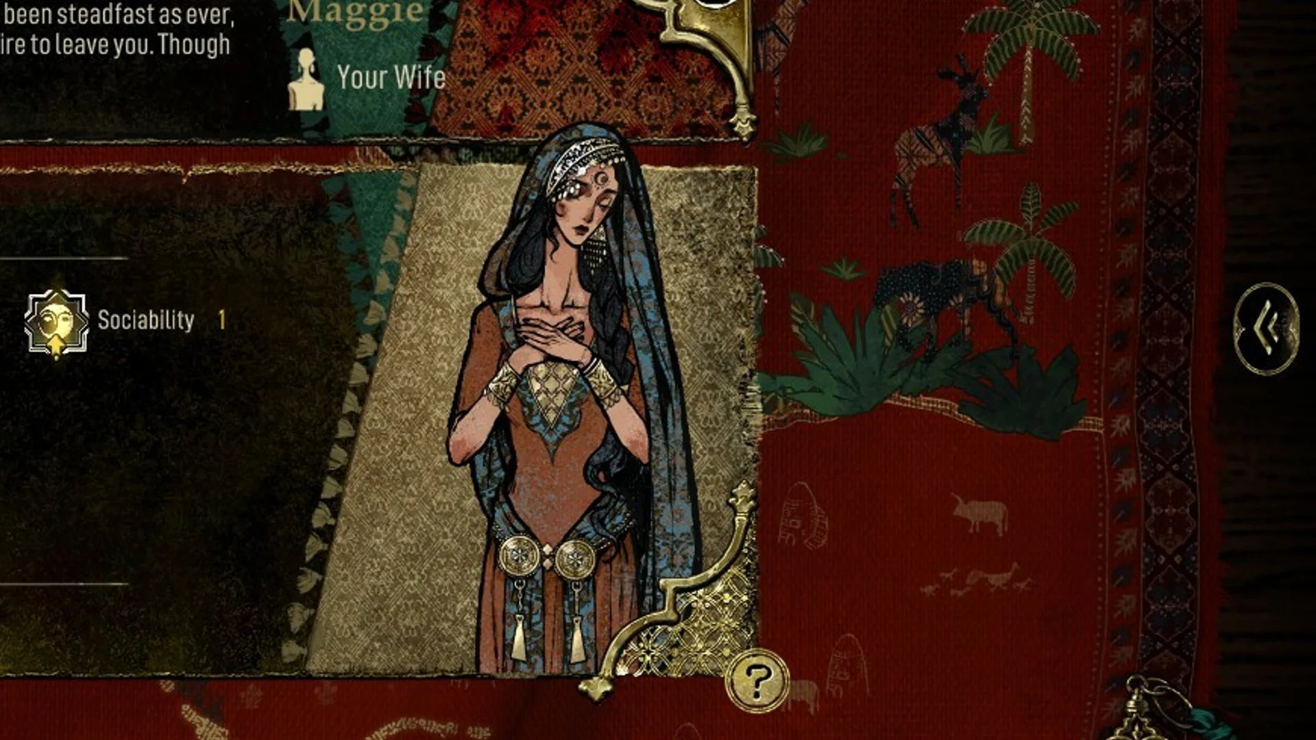 Sultan's Game — in-game screenshot: detailed portrait of Maggie in ornate dress on a follower info panel