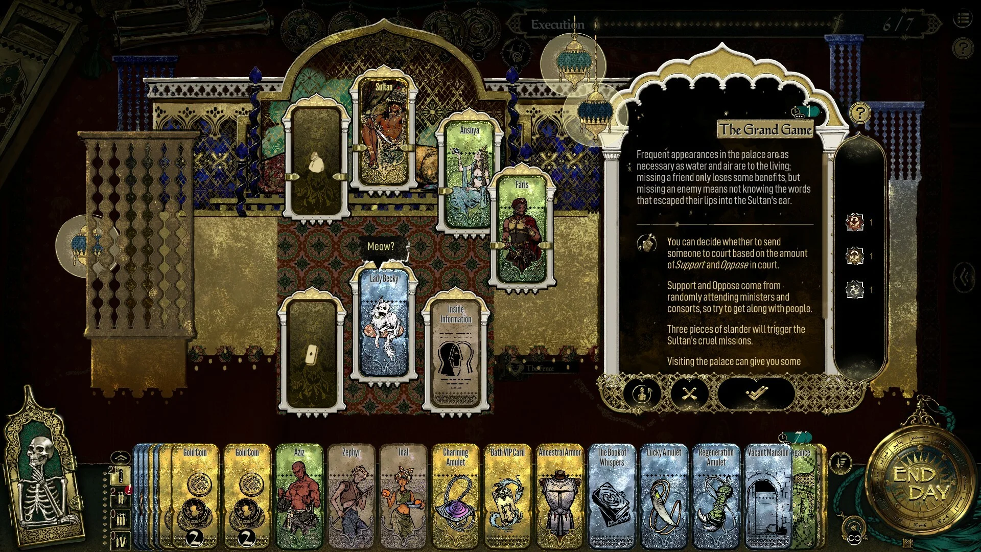 Sultan's Game — in-game screenshot: The Grand Game court-intrigue panel with ally cards placed on the board and Execution 6/7 countdown