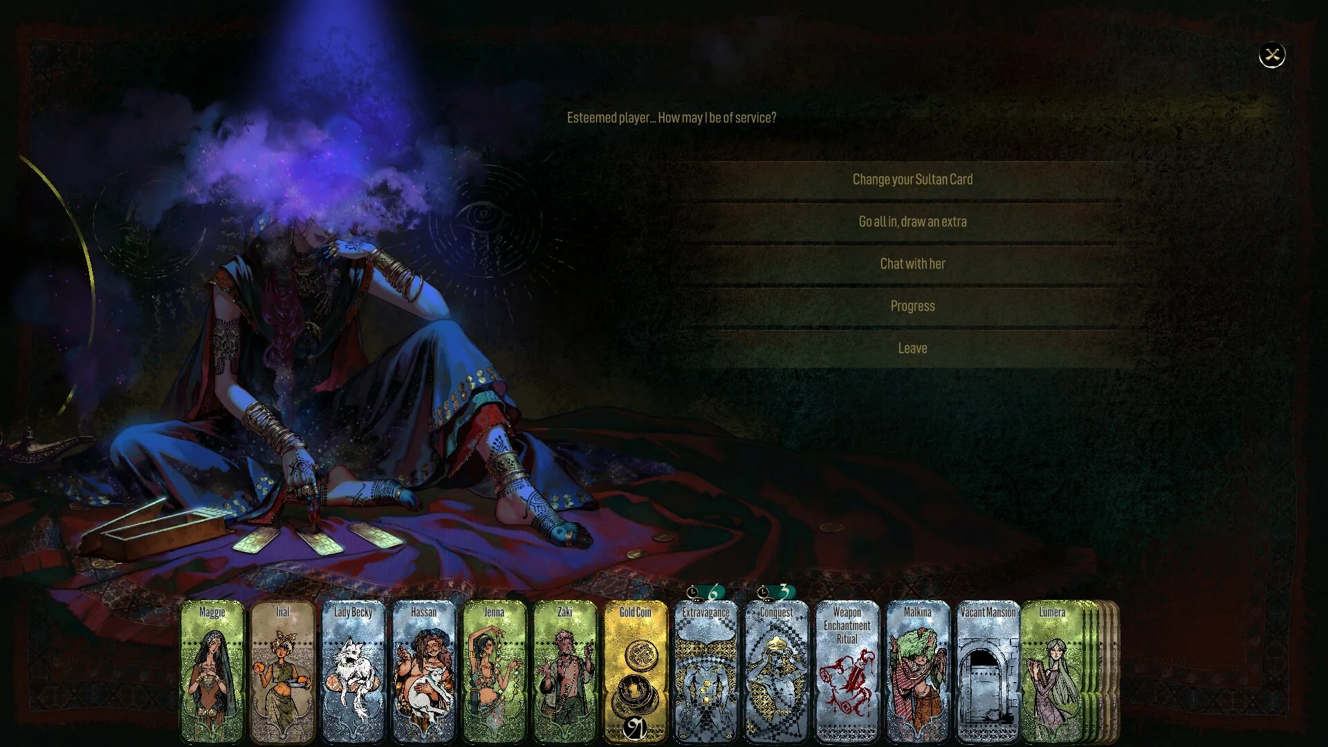 Sultan's Game — in-game screenshot: the veiled sorceress menu offering Change your Sultan Card, draw extra, chat, and progress options