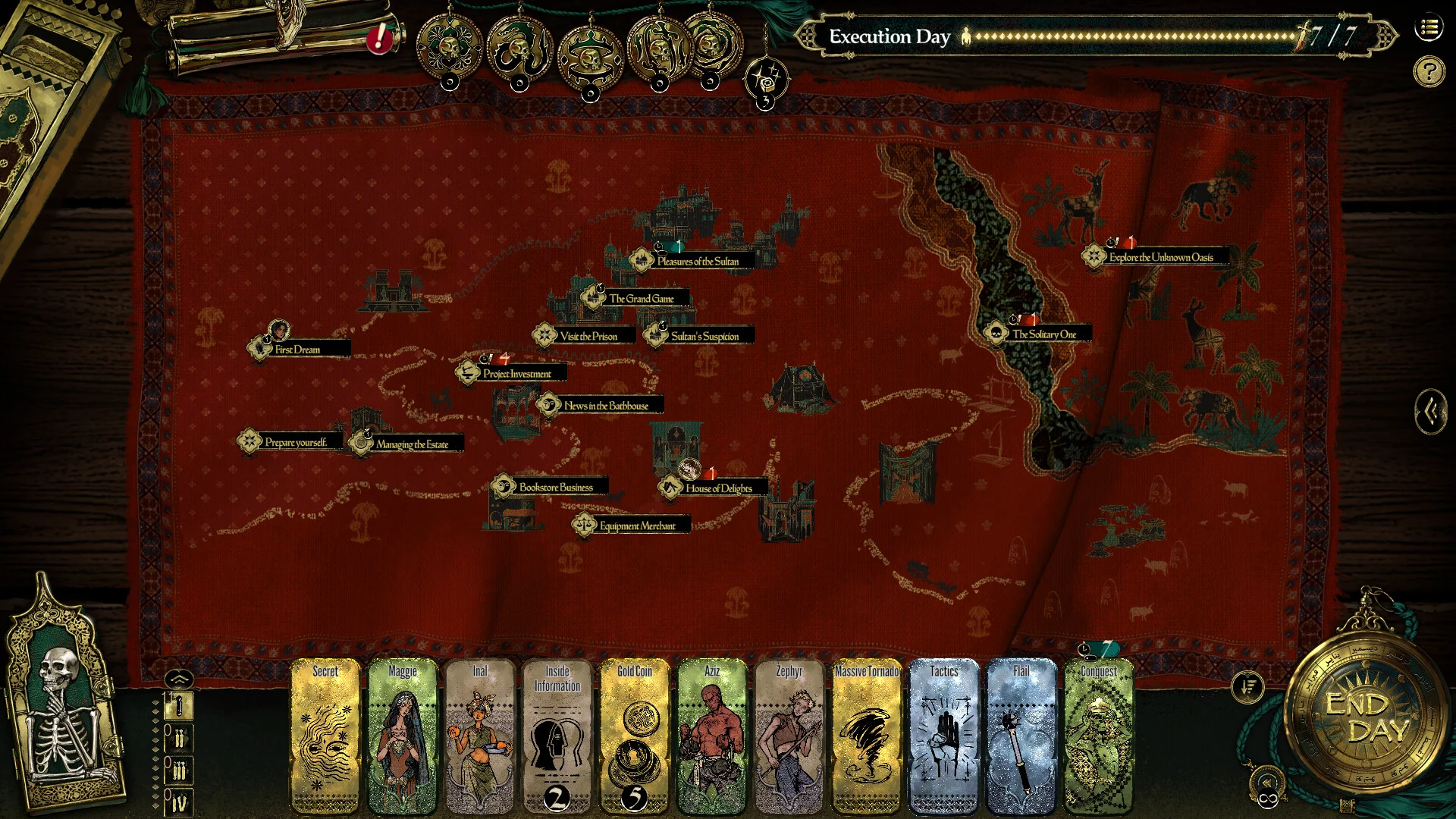 Sultan's Game — in-game screenshot: Persian-rug map with event nodes, ally cards in the hand bar, and Execution Day 7/7 countdown