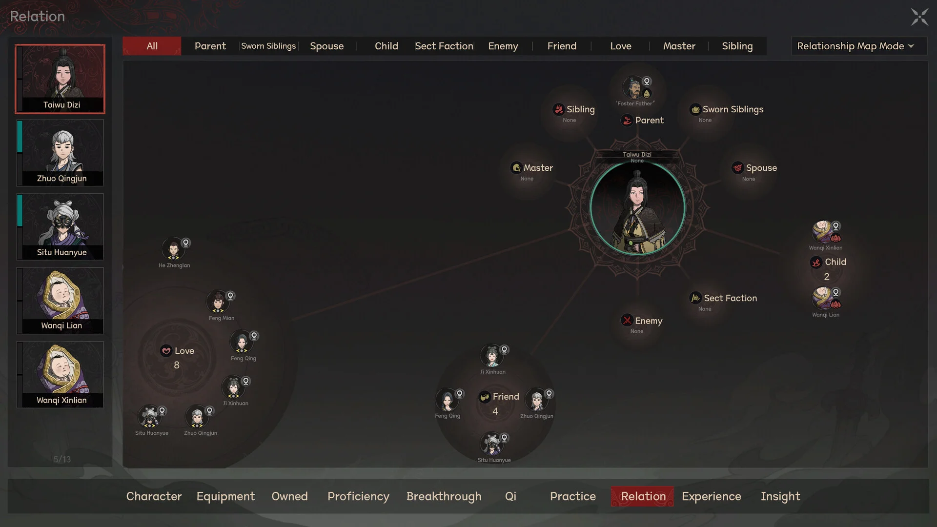 The Scroll of Taiwu — in-game Relation screen mapping family, friends, sect ties, and heirs around the Taiwu heir