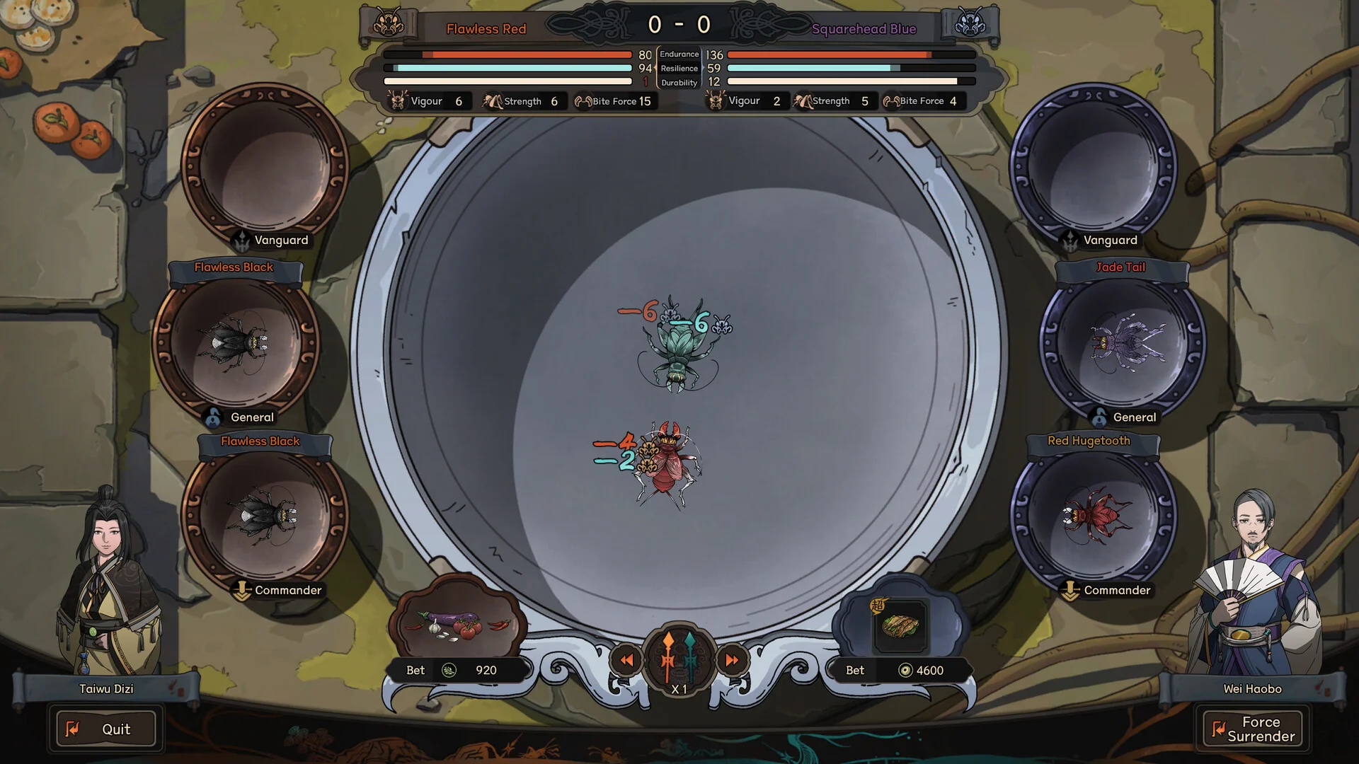 The Scroll of Taiwu — in-game cricket-fighting minigame screenshot with English UI labels and character portraits