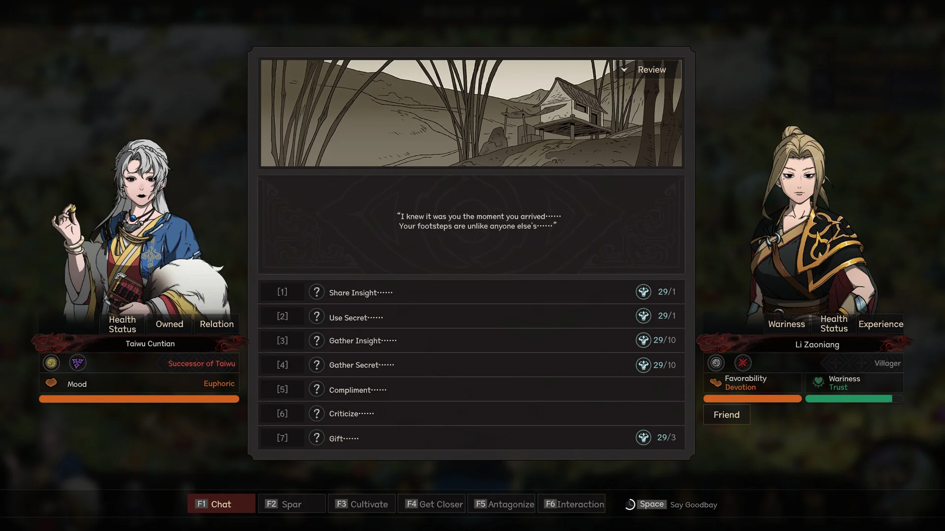 The Scroll of Taiwu — in-game NPC interaction screen: dialogue, favor, and insight-gathering options with a sect villager