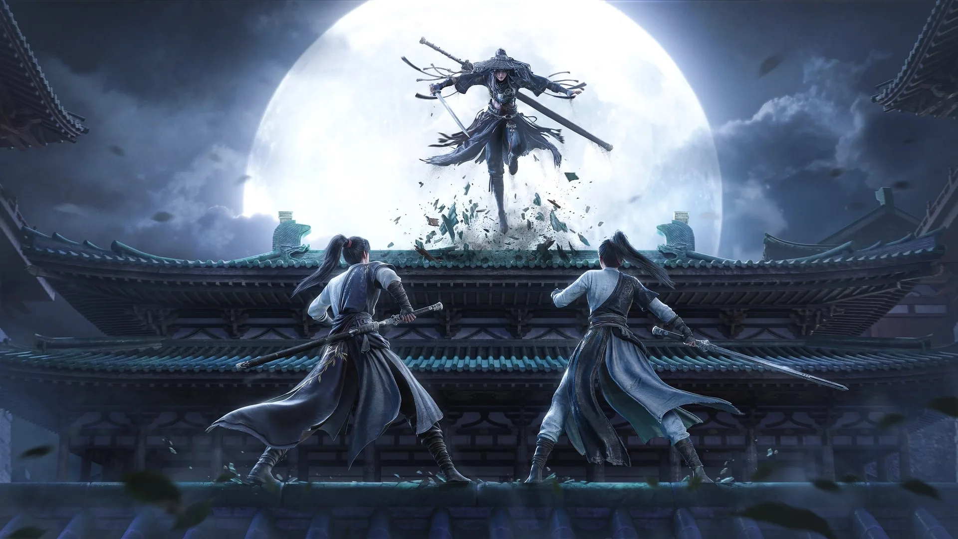 Where Winds Meet — in-game screenshot: moonlit palace rooftop confrontation with a leaping swordsman framed by a full moon