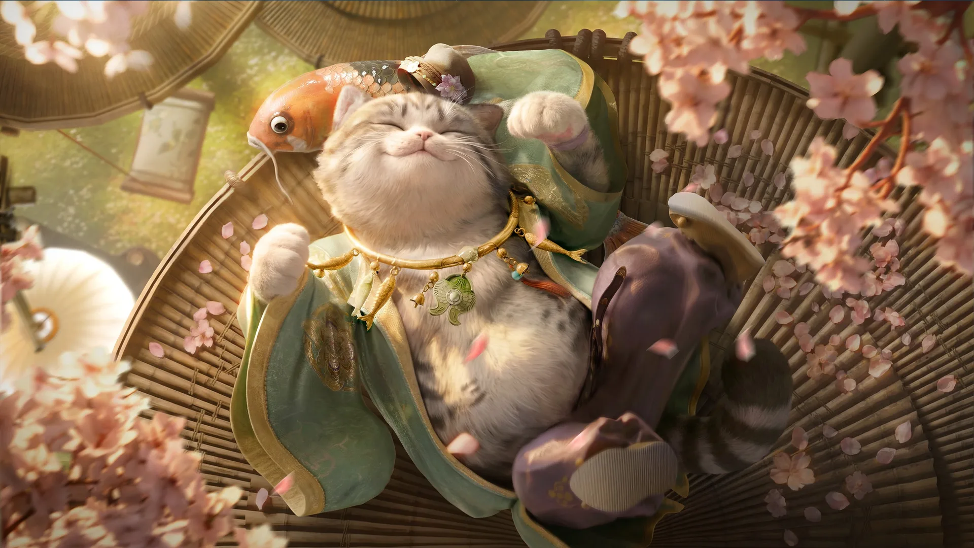 Where Winds Meet — in-game screenshot: costumed tabby companion pet in green hanfu reclining in a woven basket under cherry blossoms