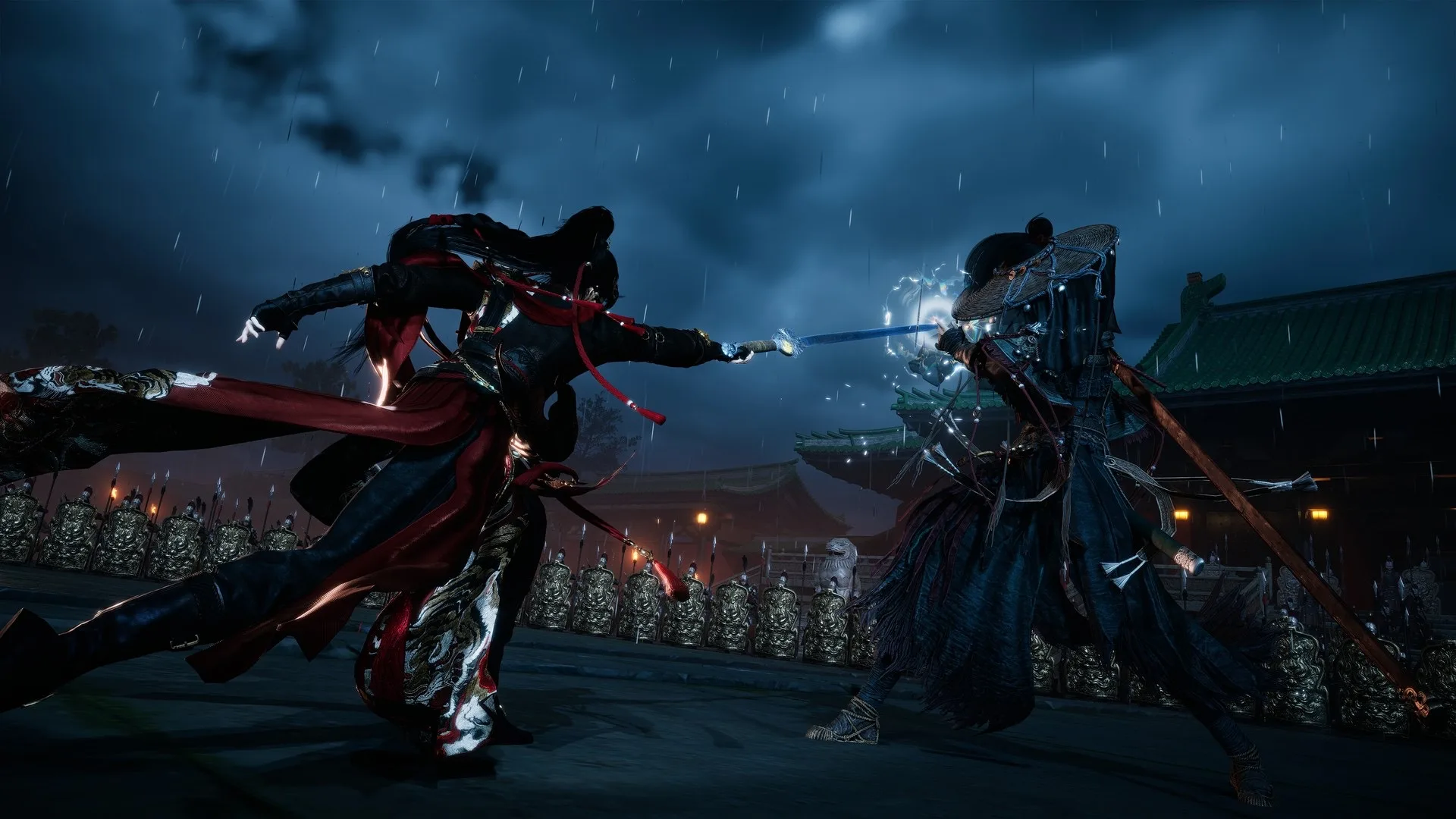 Where Winds Meet — in-game screenshot: rainy palace courtyard duel with ornate robes, blue energy clash, and lined shields