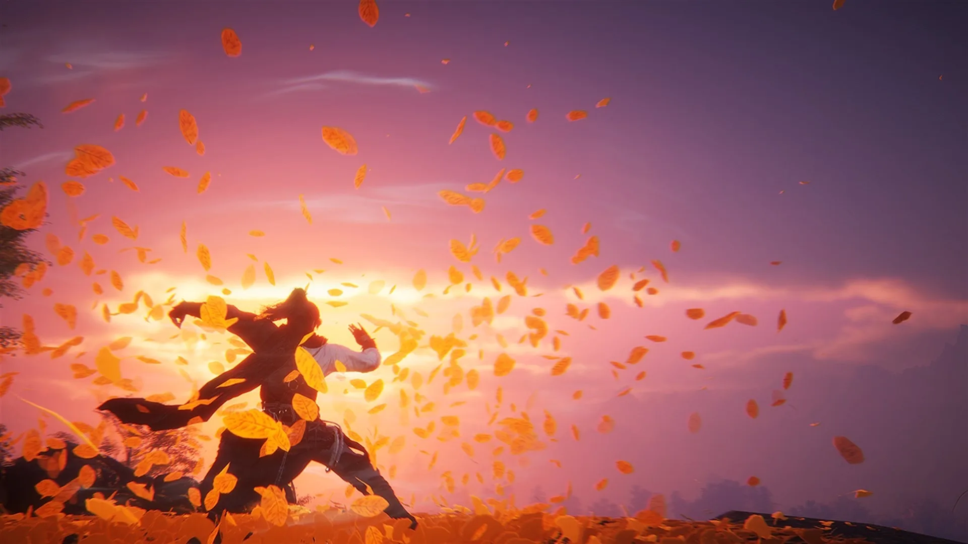 Where Winds Meet — in-game screenshot: martial stance at sunset surrounded by a swirling vortex of golden autumn leaves