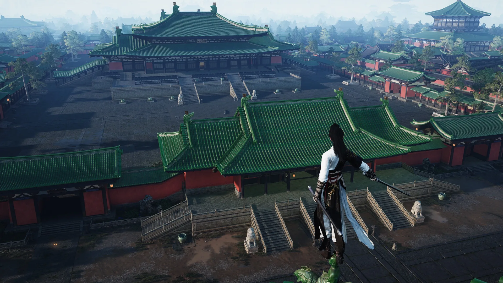 Where Winds Meet — in-game screenshot: swordsman on a green-tiled palace roof overlooking a vast red-walled courtyard complex