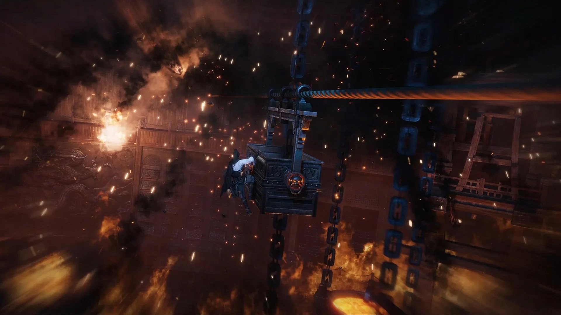 Where Winds Meet — in-game screenshot: character clinging to a cable-suspended cage above fire, smoke, and sparks in a vast interior