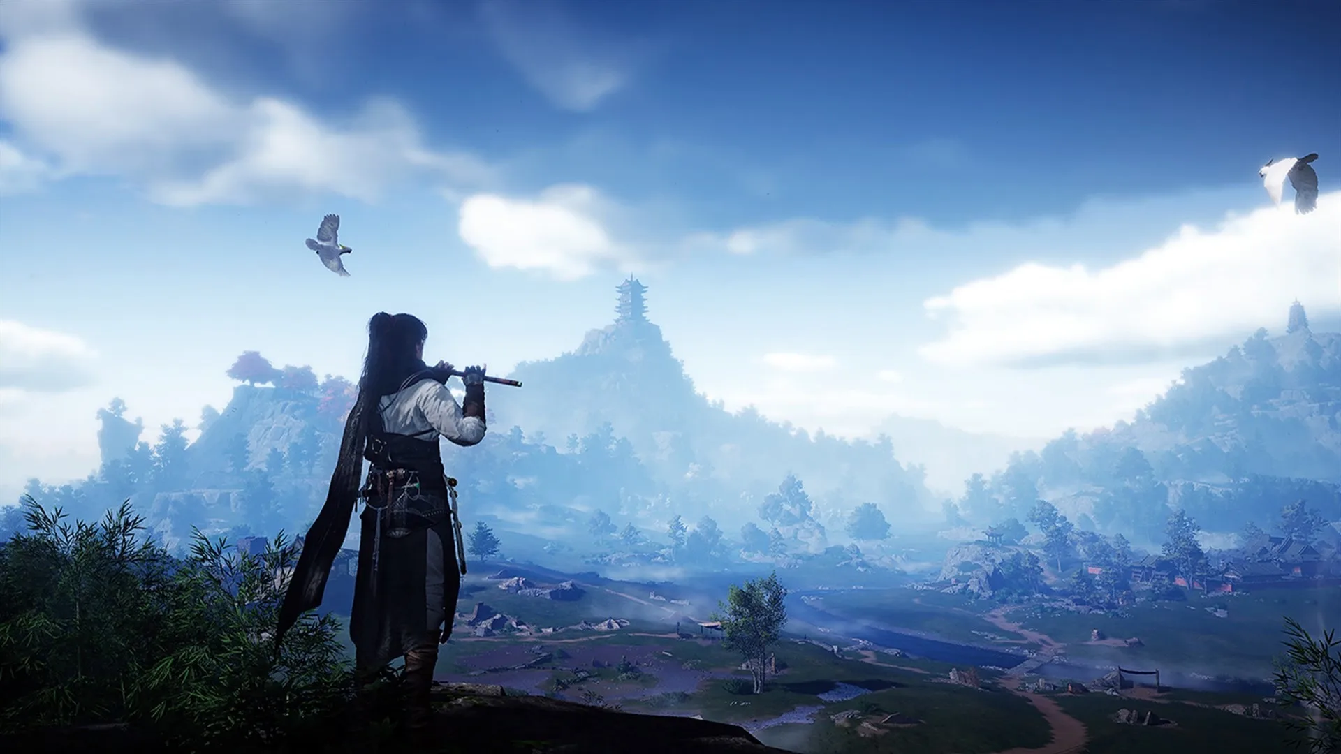 Where Winds Meet — in-game screenshot: wanderer playing a flute on a cliff overlooking a misty valley and mountain pagoda