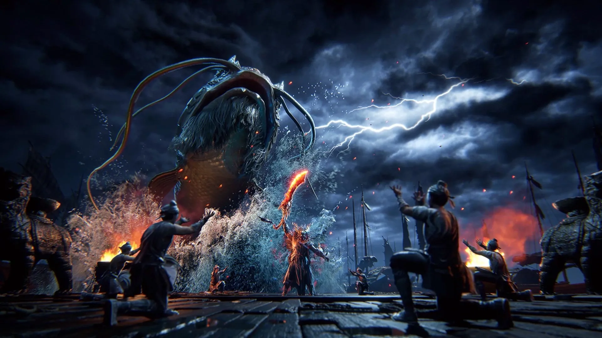 Where Winds Meet — in-game screenshot: stormy harbor dock facing a leaping giant fish beast under lightning
