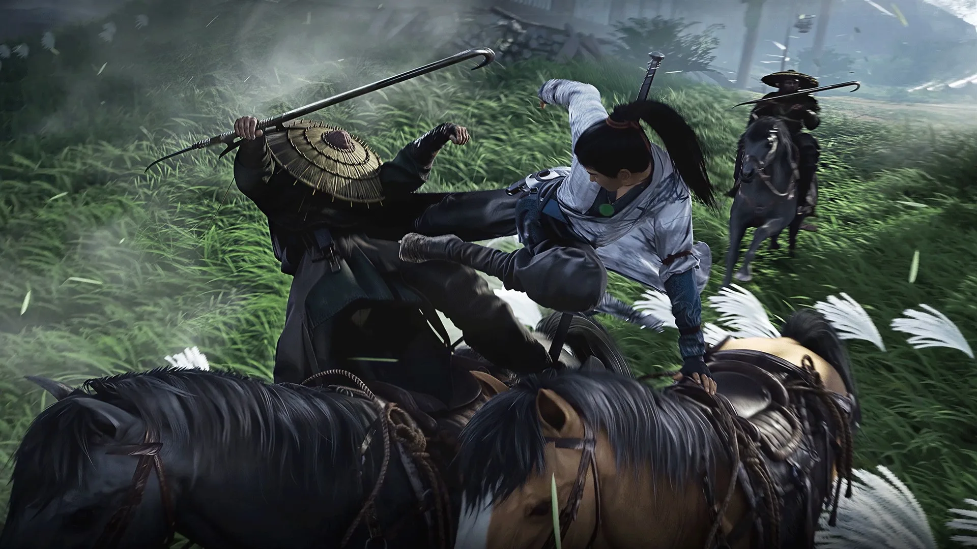 Where Winds Meet — in-game screenshot: horseback flying-kick combat in tall grass with reed seeds in the air