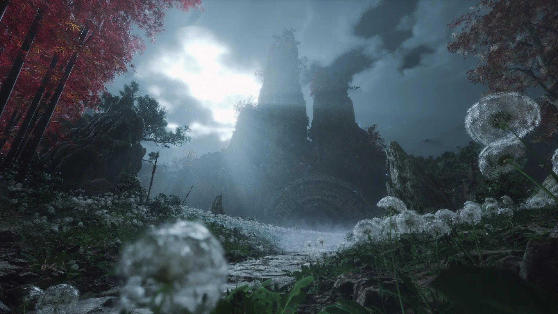 WUCHANG: Fallen Feathers — in-game screenshot: misty Shu valley with god rays between jagged peaks and red-leaf trees