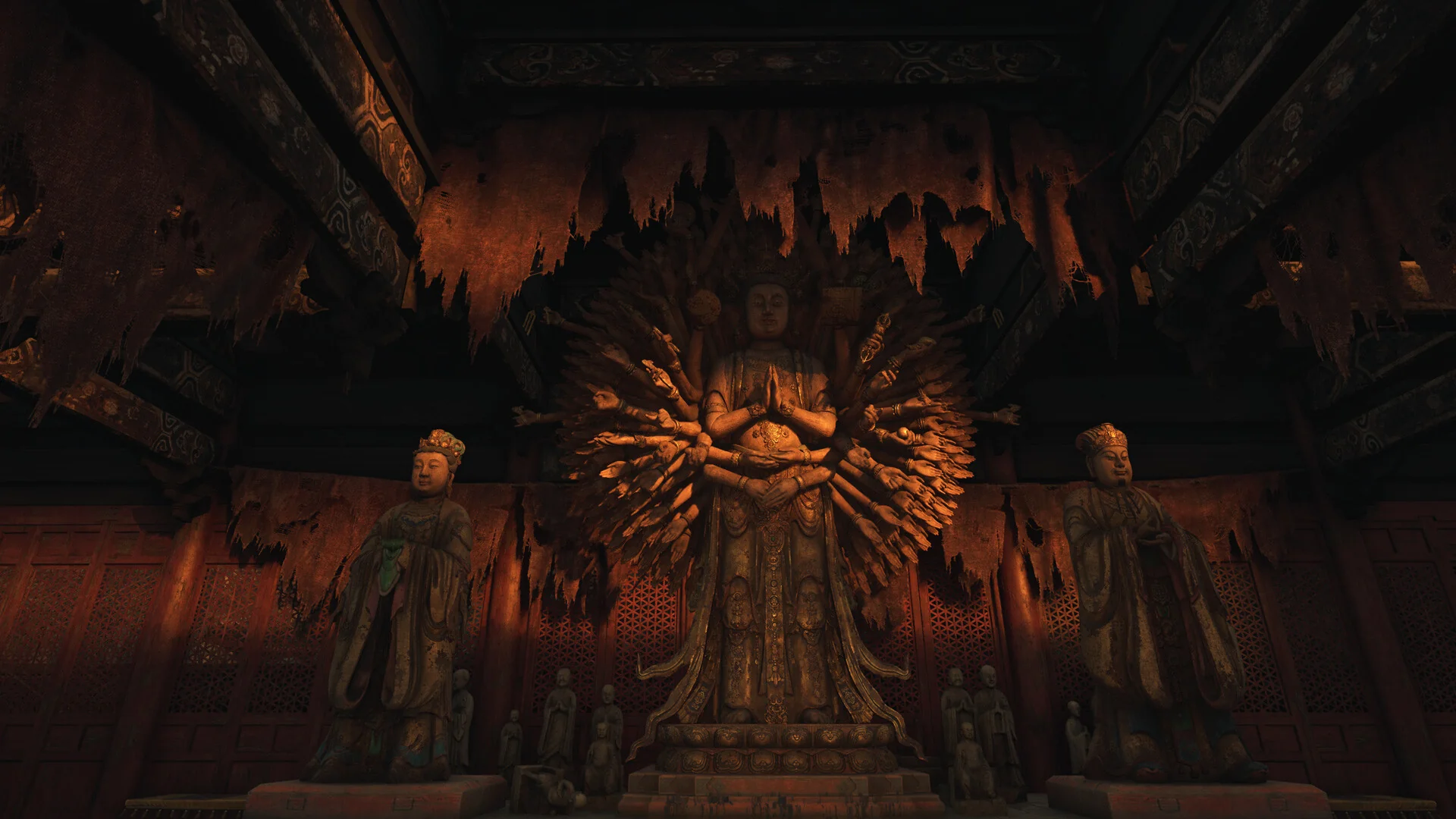 WUCHANG: Fallen Feathers — in-game environment screenshot of a dim temple hall with a multi-armed golden statue and tattered banners