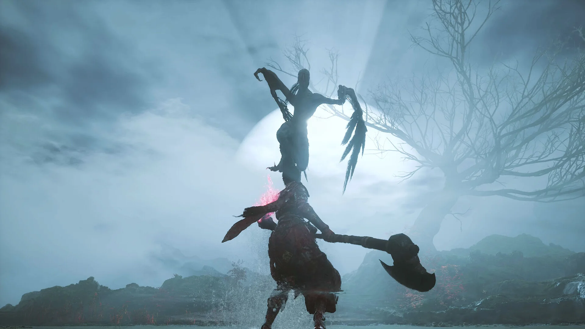 WUCHANG: Fallen Feathers — in-game screenshot: Wuchang facing a winged Feathering abomination silhouetted against a full moon