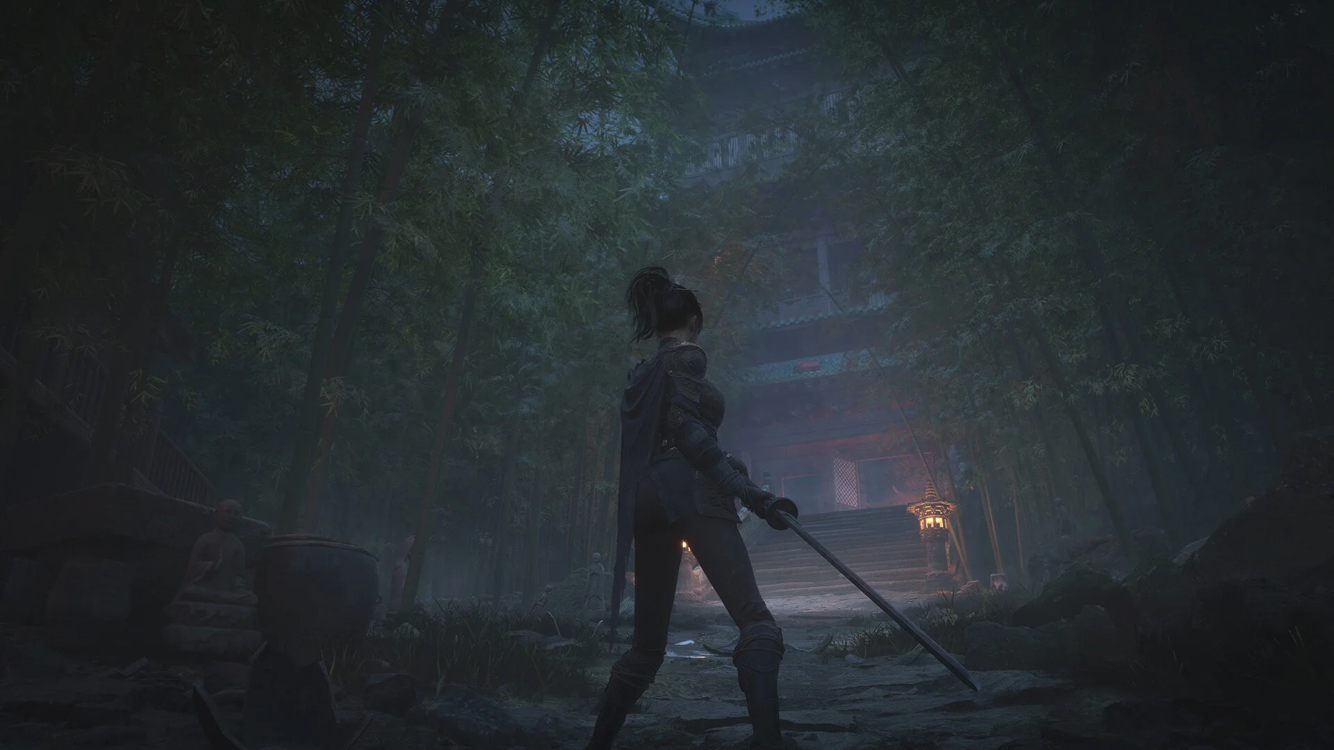 WUCHANG: Fallen Feathers — in-game screenshot: Wuchang approaching a misty bamboo path toward a lit temple at night