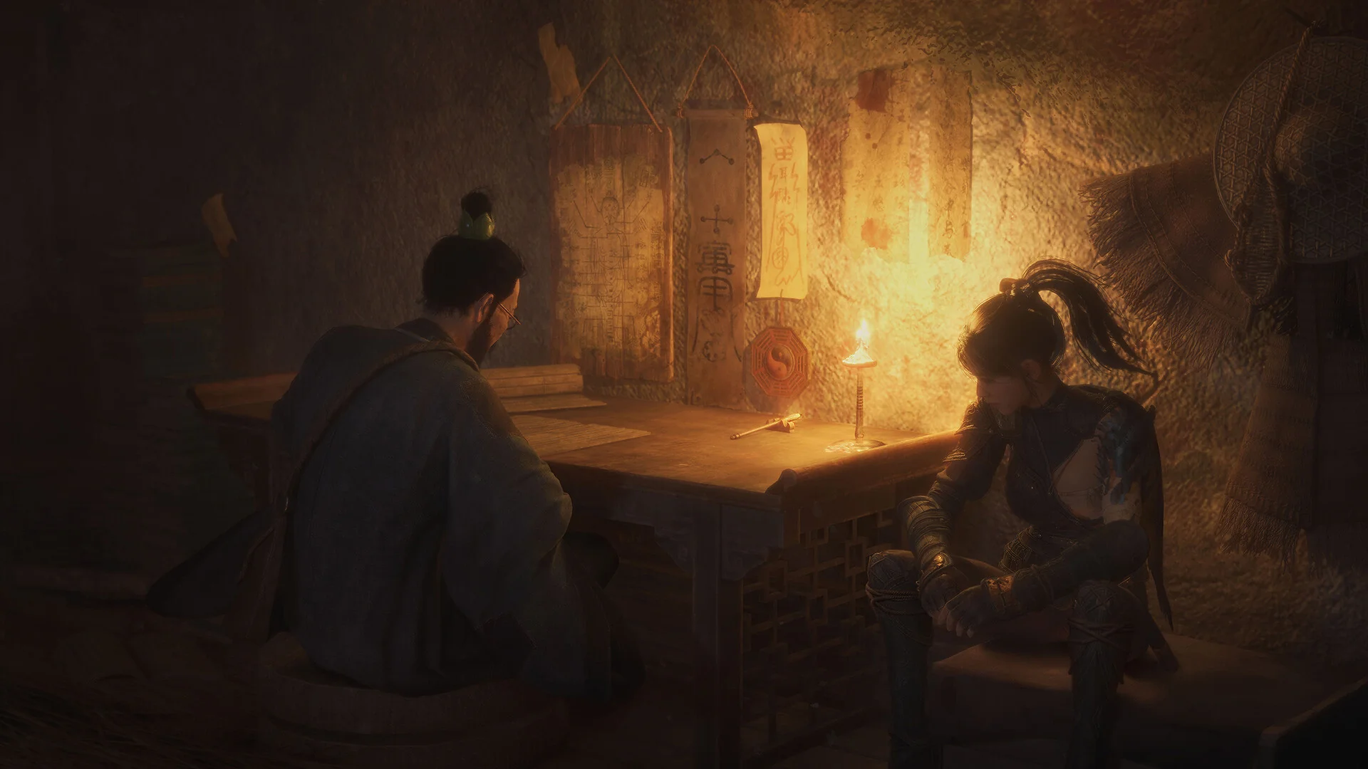 WUCHANG: Fallen Feathers — in-game screenshot: Wuchang studying scrolls with an NPC scholar by candlelight at a rest camp