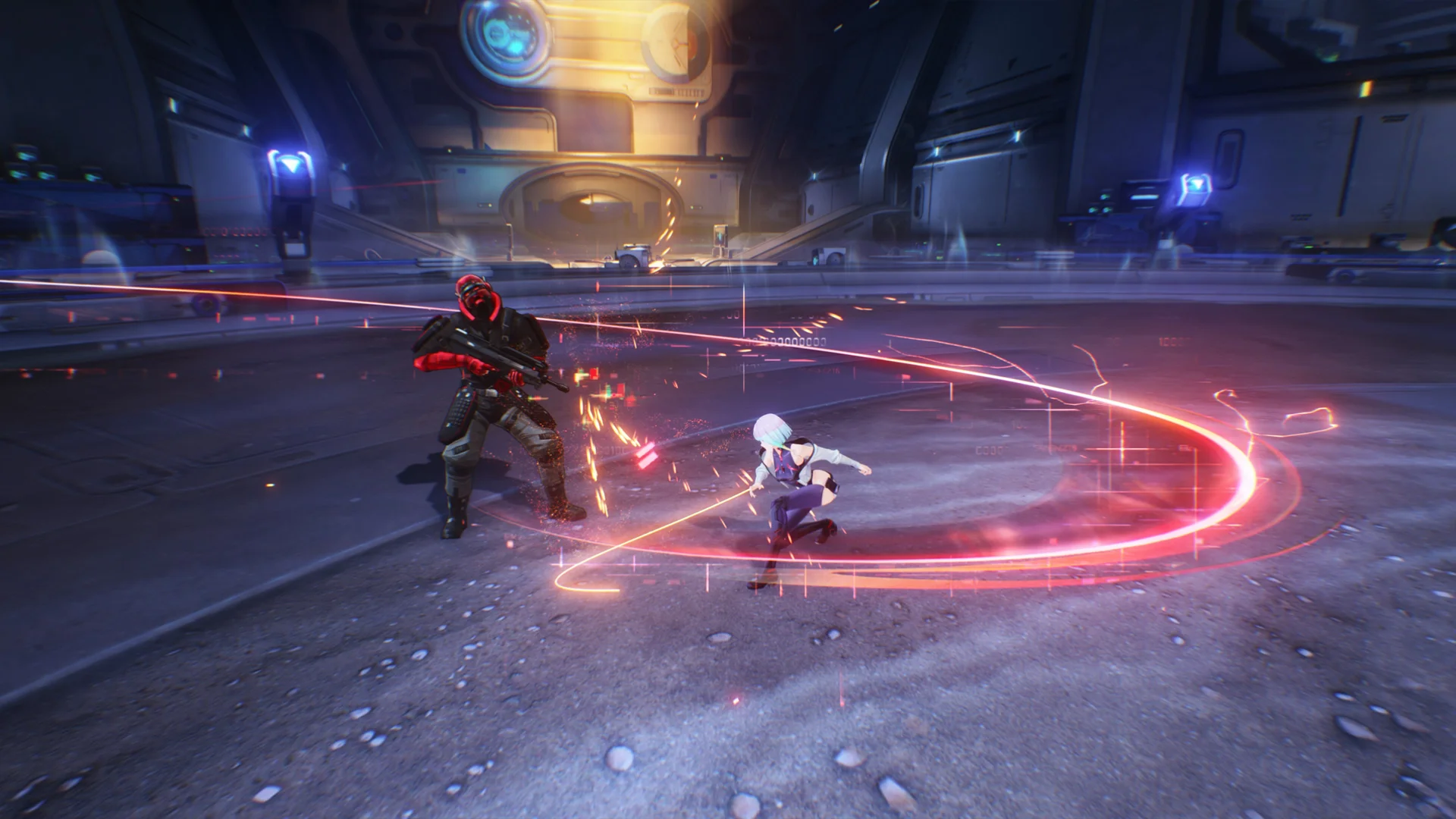 Wuthering Waves — in-game screenshot: Sanhua landing an extreme evasion strike with red energy arc against armored soldiers