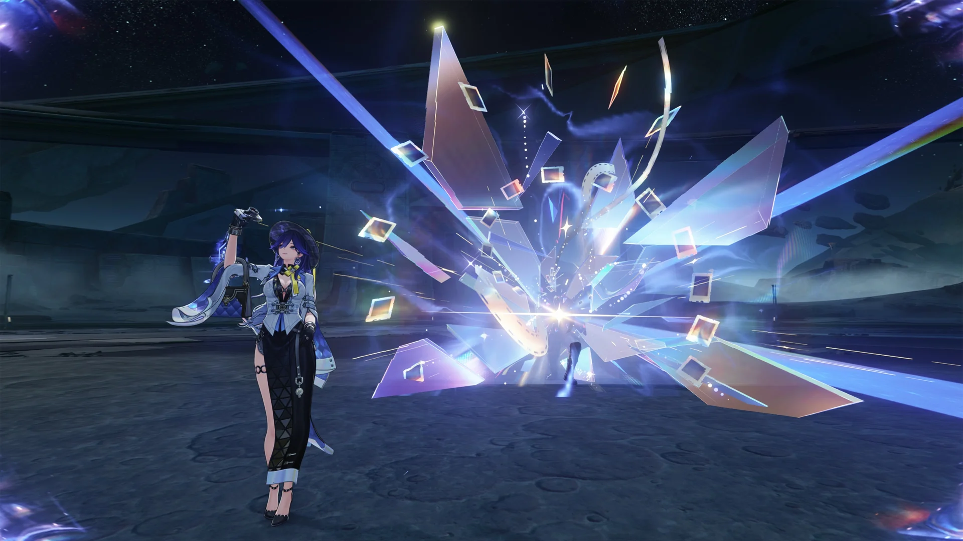 Wuthering Waves — in-game screenshot: Zhezhi unleashing an ink-canvas Forte burst with purple and gold particle effects
