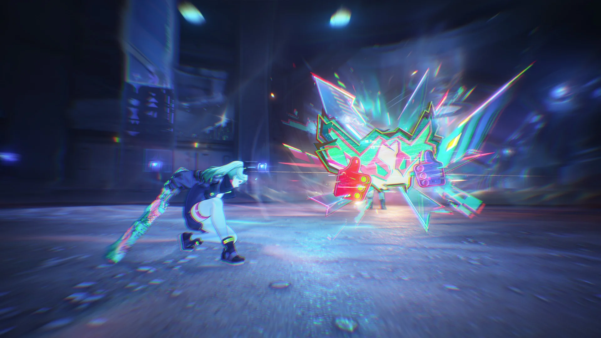 Wuthering Waves — in-game screenshot: Chixia graffiti-style Forte burst with neon combat effects in an urban arena