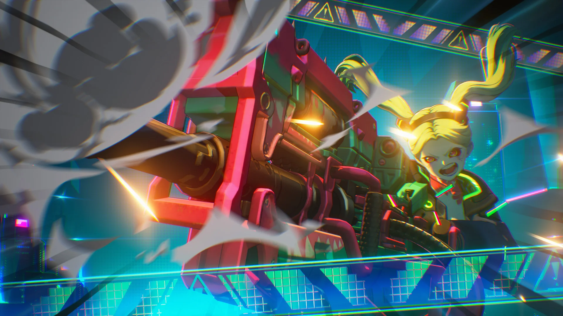 Wuthering Waves — in-game screenshot: Encore firing a heavy pink cannon with muzzle flash and neon combat VFX