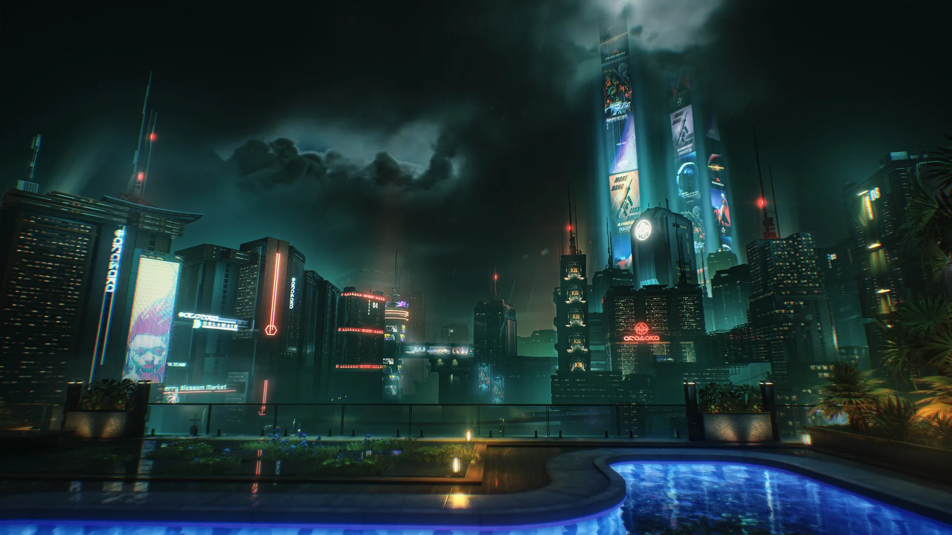 Wuthering Waves — in-game screenshot: Jinzhou rooftop terrace with glass pool overlooking a neon cityscape at night
