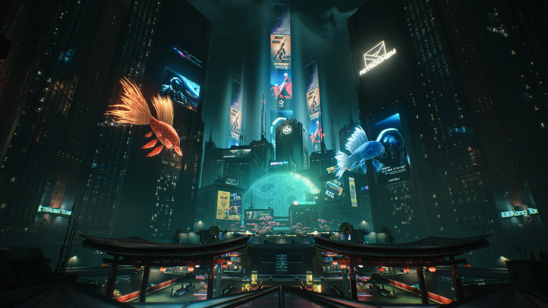 Wuthering Waves — in-game screenshot: Jinzhou city plaza with holographic koi, neon towers, and traditional gate architecture