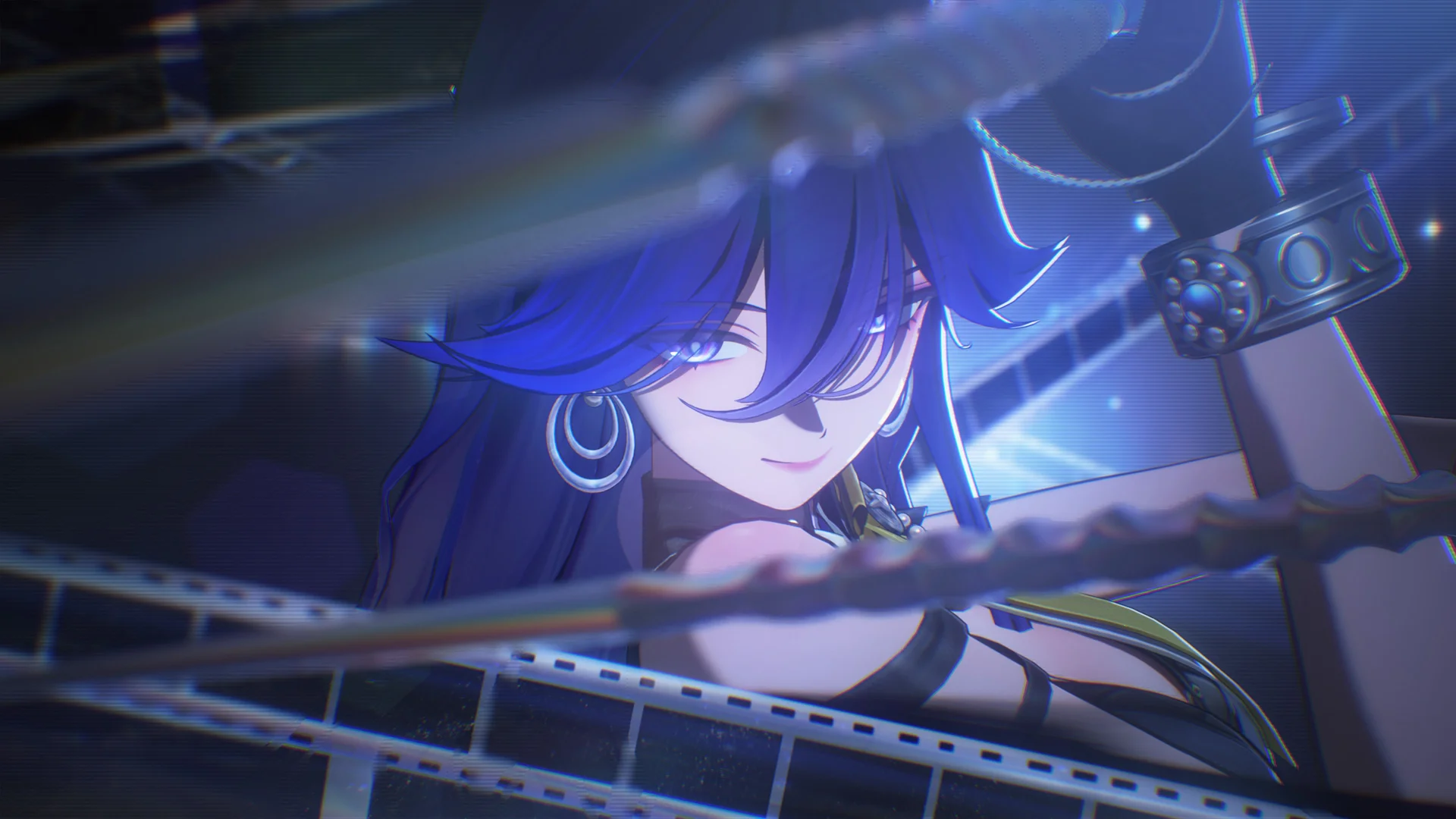 Wuthering Waves — in-game screenshot: Yinlin cinematic close-up with film-strip framing and scanline effects
