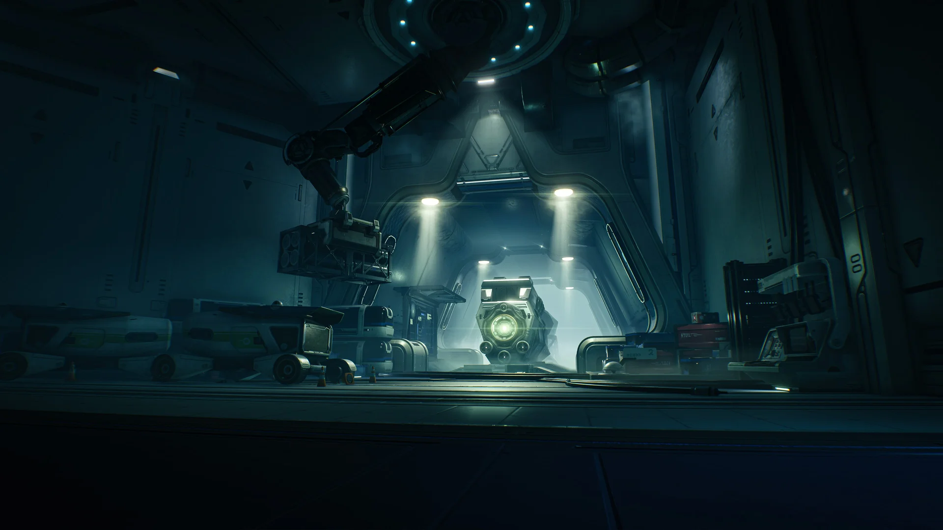 Wuthering Waves — in-game screenshot: industrial facility interior with robotic arms, grow pods, and dramatic overhead lighting