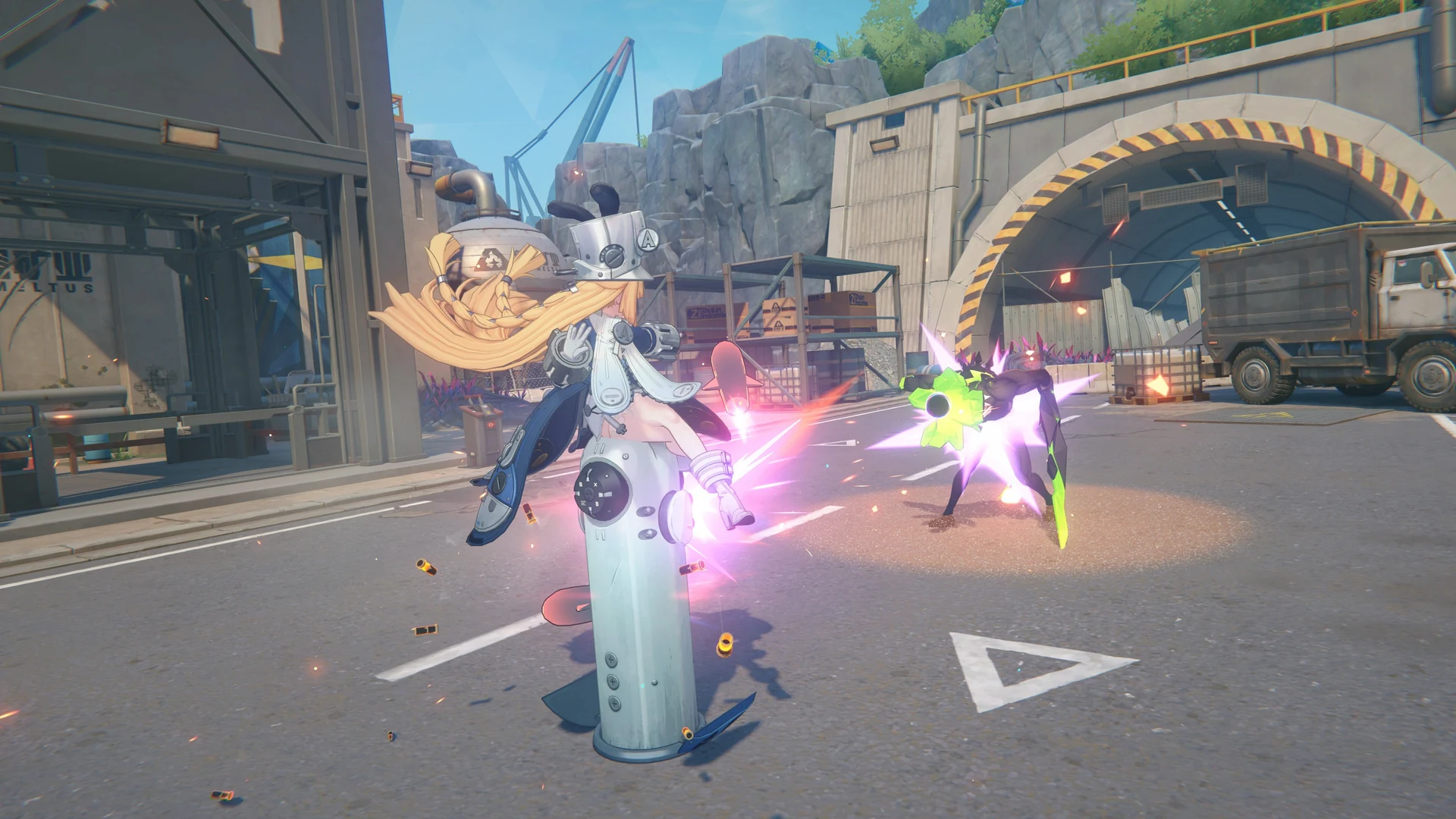 Zenless Zone Zero — in-game screenshot: Piper Wheel drilling into Ethereals with impact sparks on an industrial road