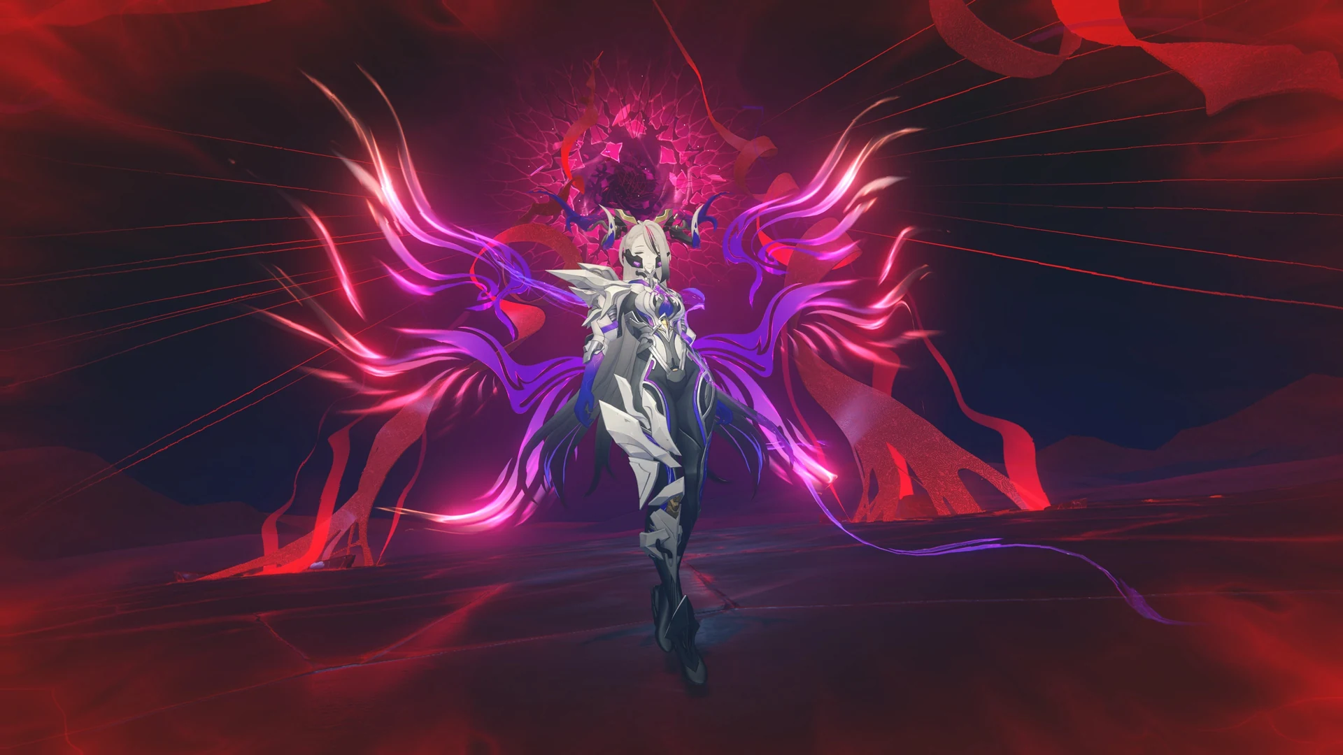 Zenless Zone Zero — in-game screenshot: armored boss with purple energy wings in a red Hollow arena